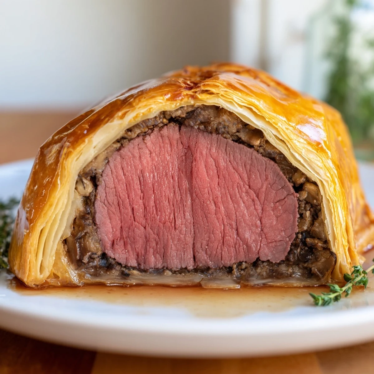 Golden-brown, flaky puff pastry cradles a tender beef fillet and rich mushroom duxelles in this classic British Beef Wellington recipe.