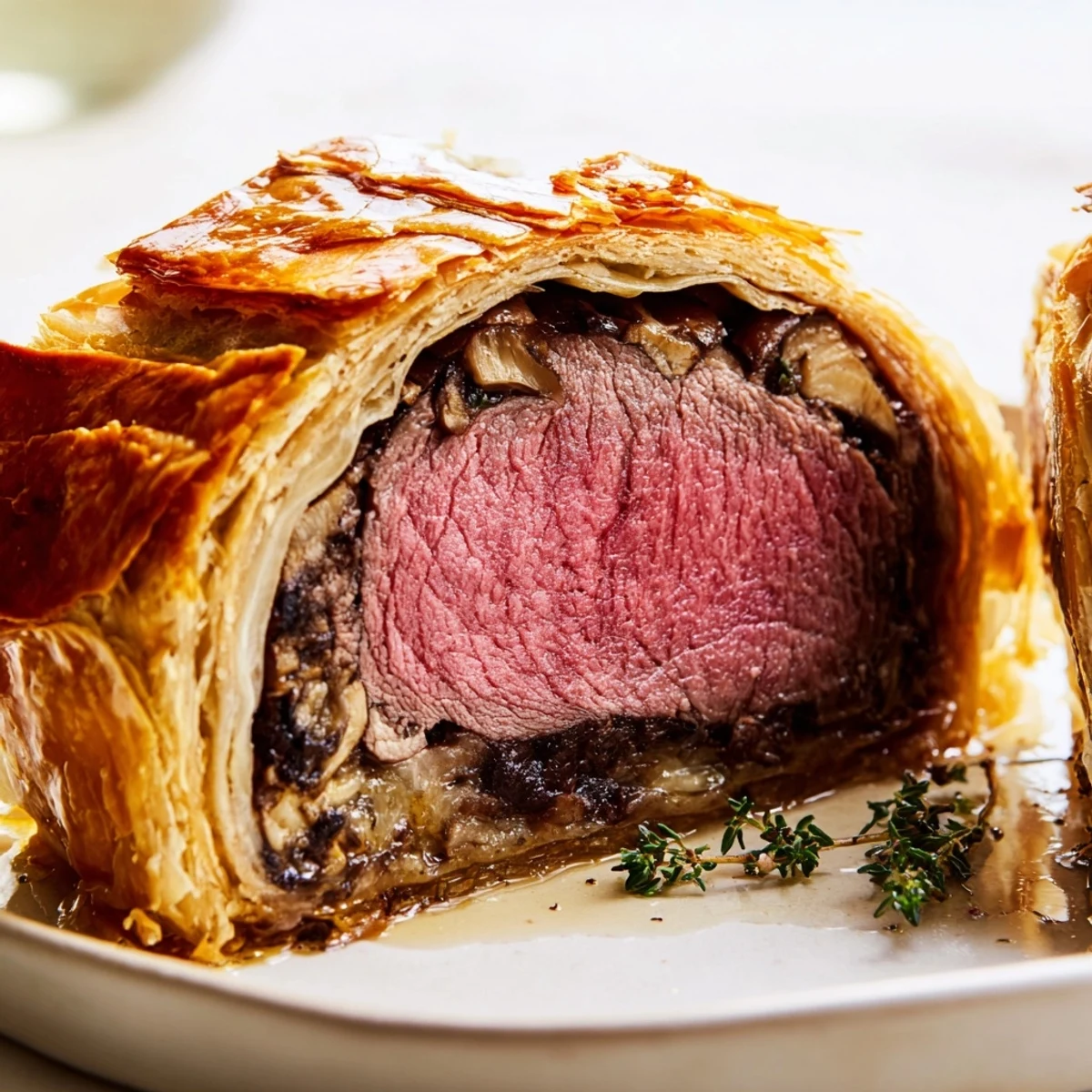 Sliced Beef Wellington reveals juicy pink center and savory mushroom filling, served on a rustic wooden board with herbs.