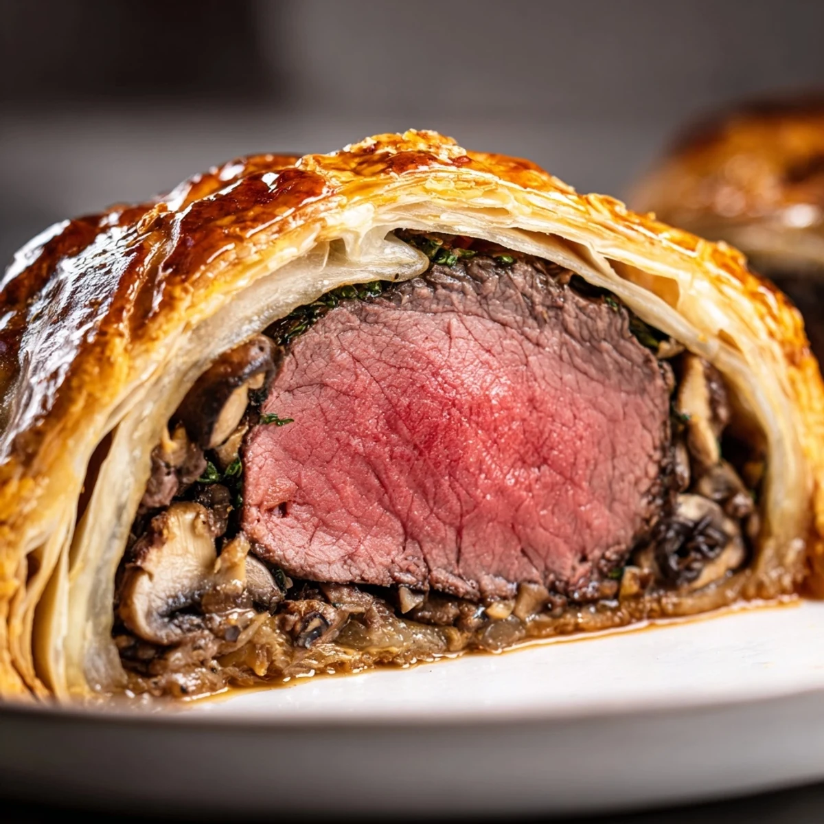 Freshly baked Beef Wellington with a buttery crust, ready to serve with red wine jus for an elegant dinner.
