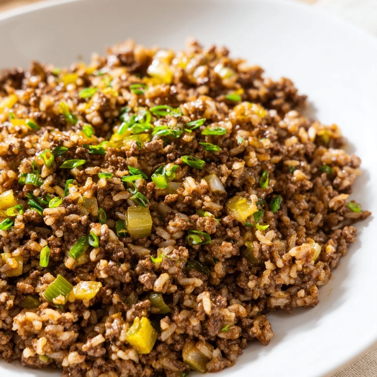 Cajun Dirty Rice with Ground Beef and Herbs in a rustic bowl with steam rising and fresh parsley garnish.