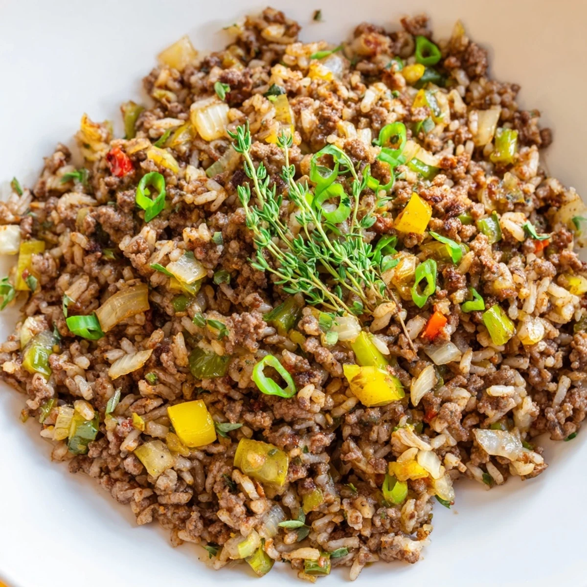 A skillet of Cajun Dirty Rice with Ground Beef and Herbs beside warm cornbread and a crisp green salad.