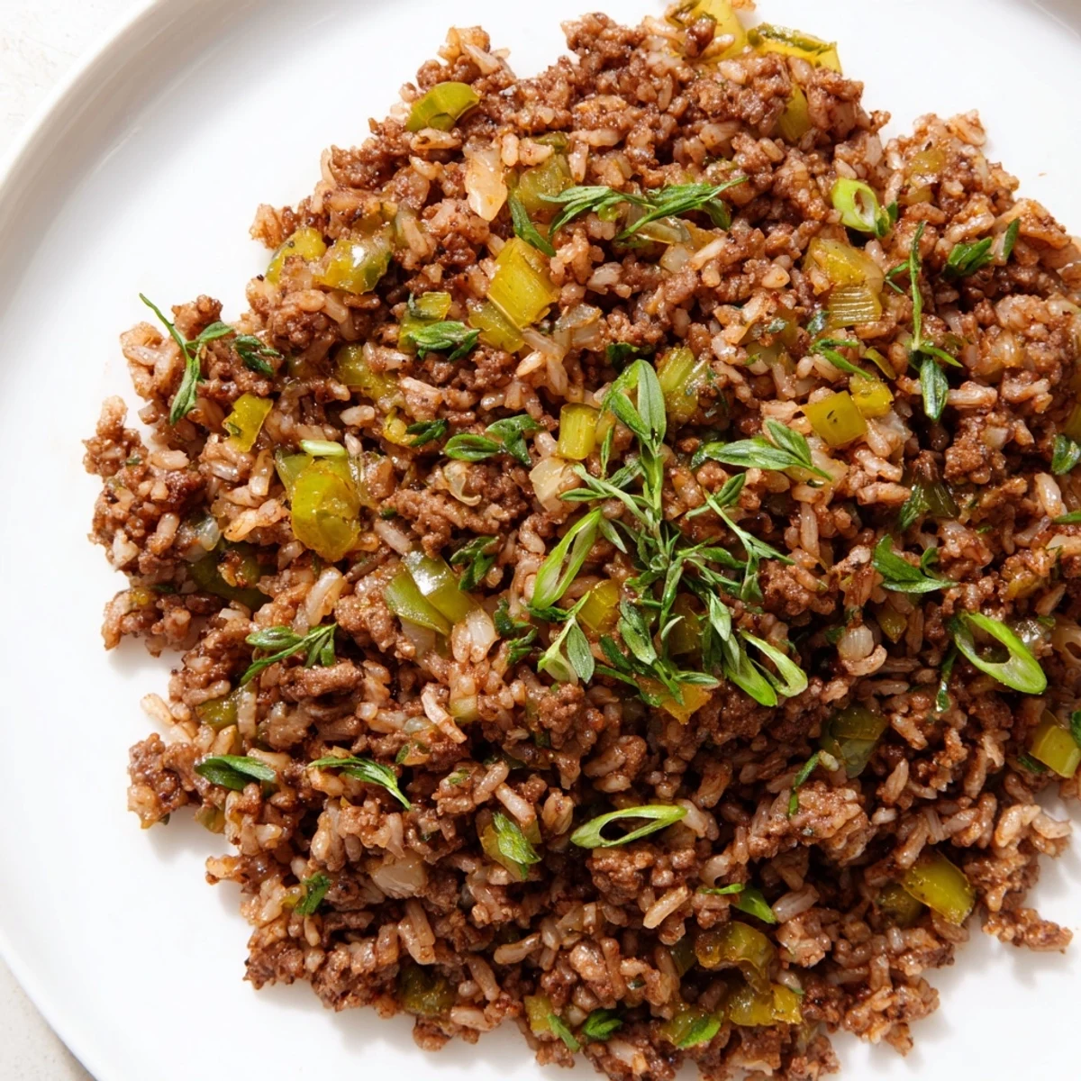 Hearty Cajun Dirty Rice with Ground Beef and Herbs served in a Southern kitchen, speckled with green onions.