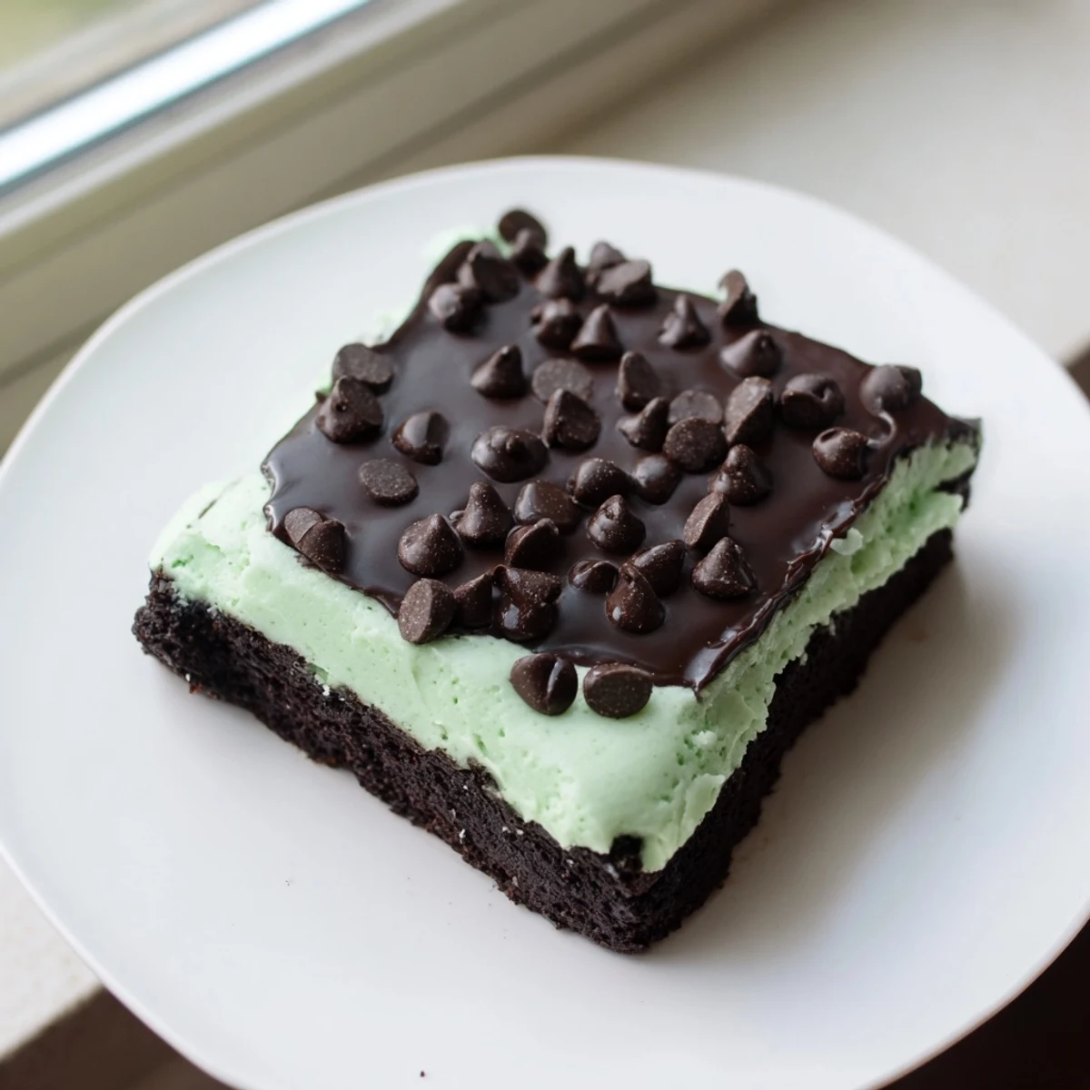 Decadent Mint Chocolate Chip Brownies with Ganache on a white plate, ready to serve as a classic American dessert.