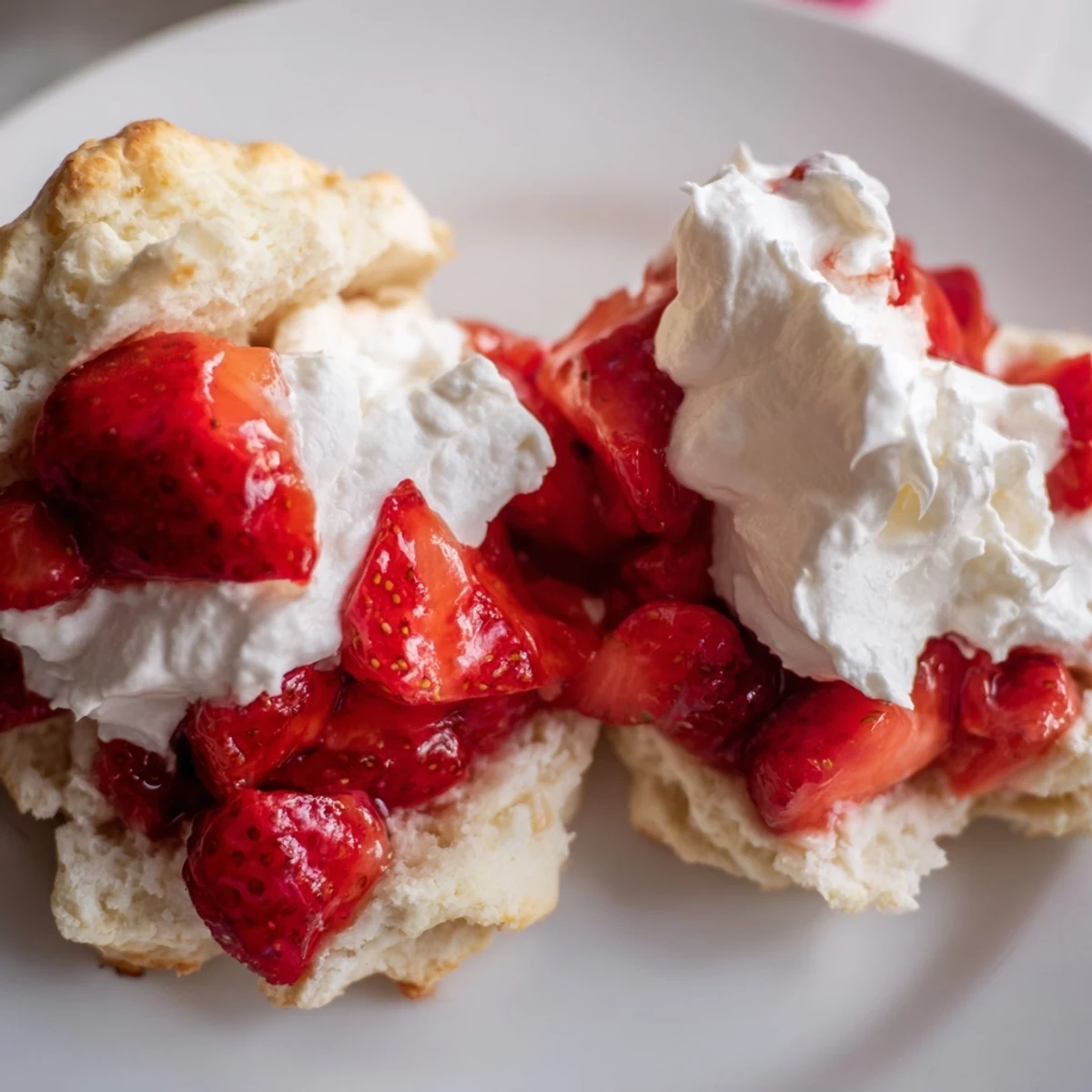 Golden-brown homemade biscuits topped with juicy macerated strawberries and billowy whipped cream, a classic Strawberry Shortcake ready to serve at summer gatherings.