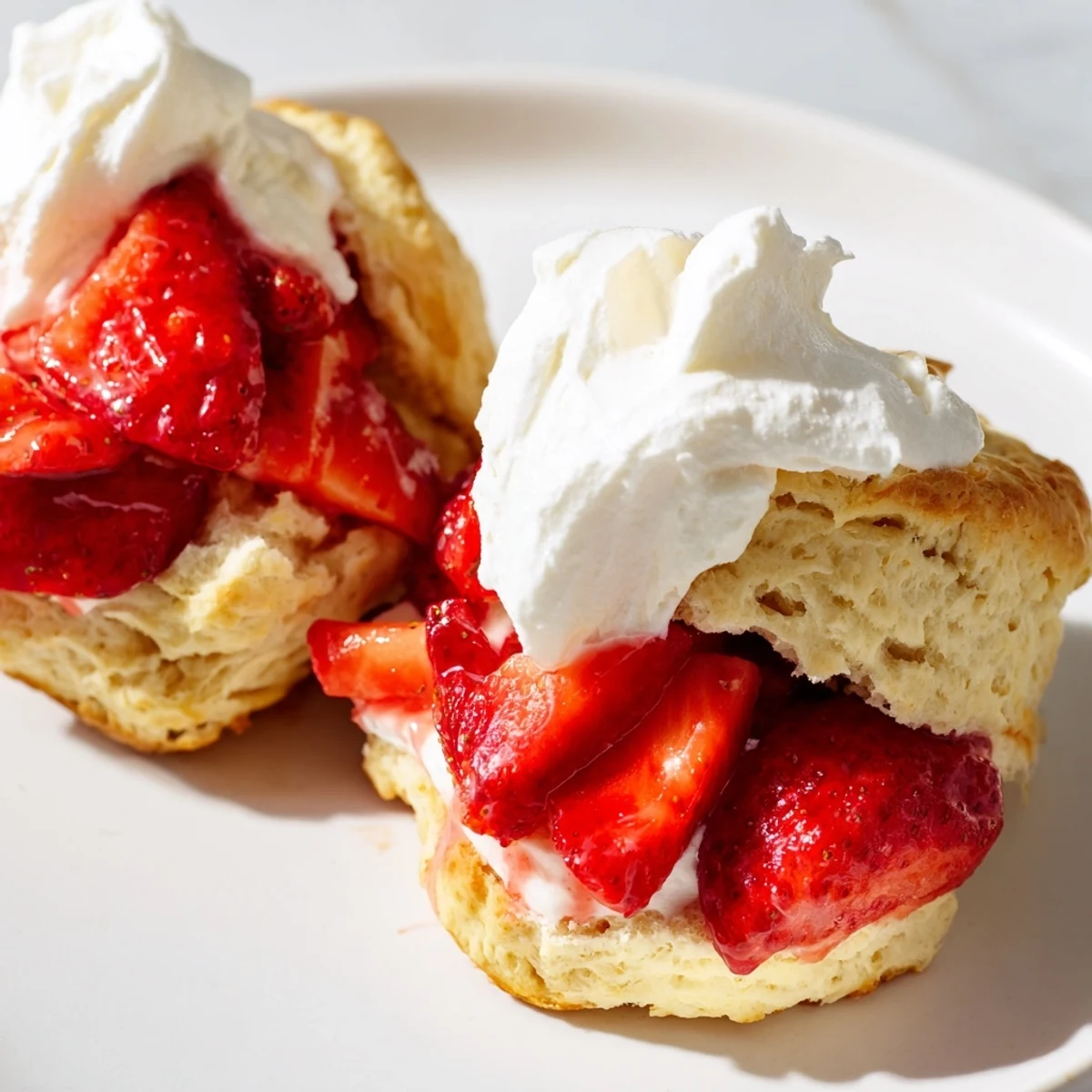 Rustic Strawberry Shortcake with warm biscuits split and filled with fresh berries and cream, evoking the sweet aroma of a homemade American dessert.