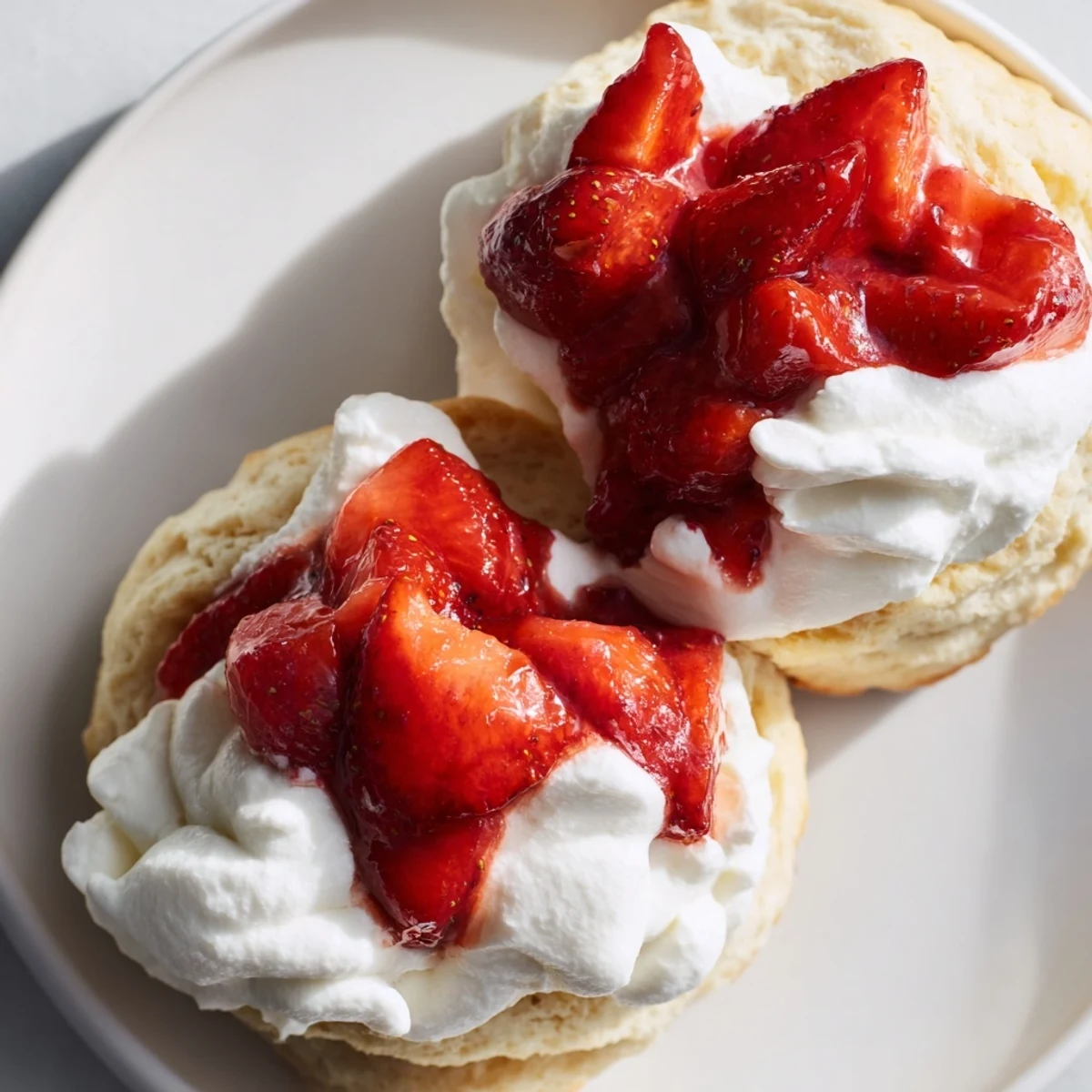 A close-up of Strawberry Shortcake showing layers of tender buttermilk biscuits, sweet strawberries in syrup, and fluffy whipped cream on a rustic plate.
