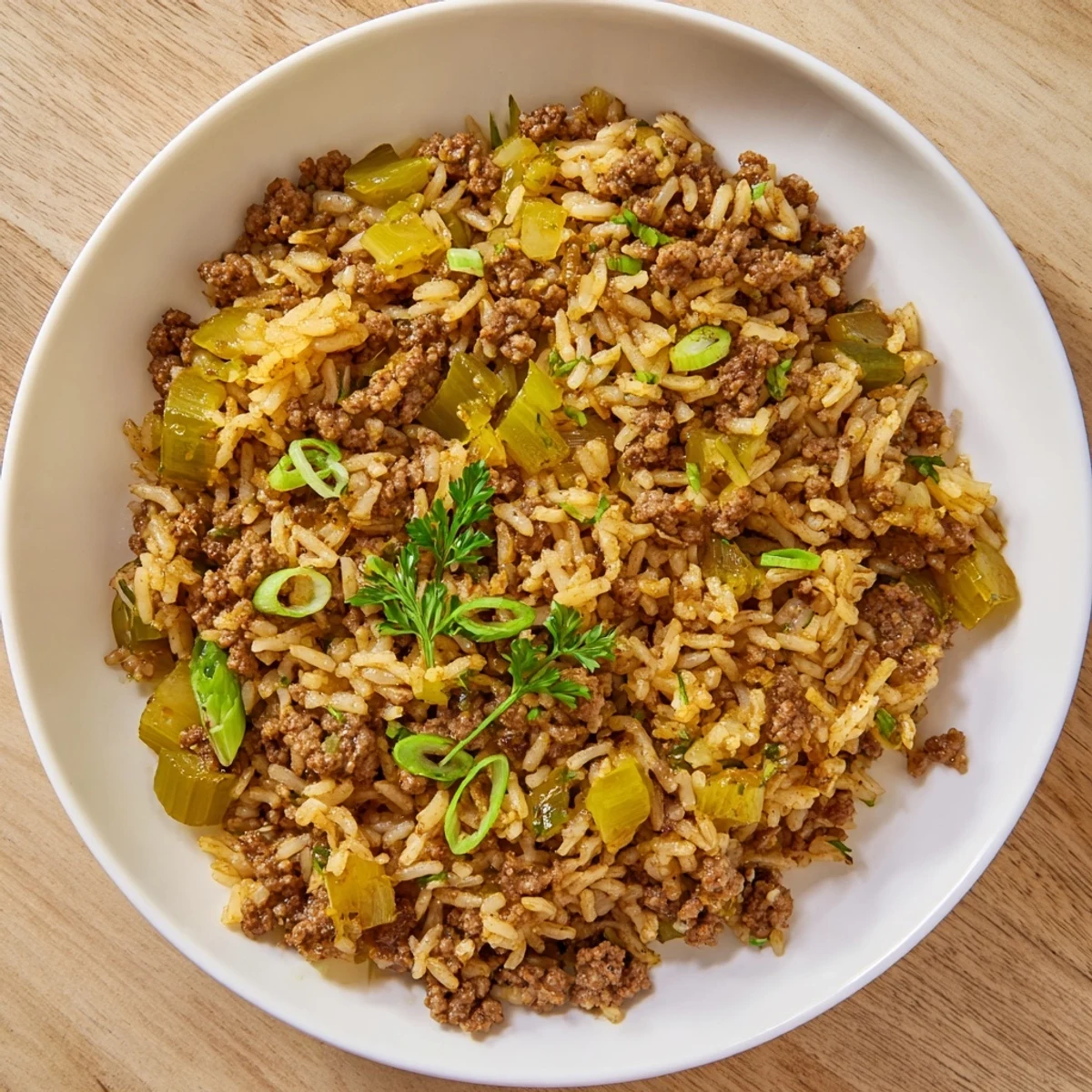 A close-up of Cajun Dirty Rice with Ground Beef, featuring browned meat, sautéed peppers, and fluffy rice, garnished with fresh green onions and parsley.