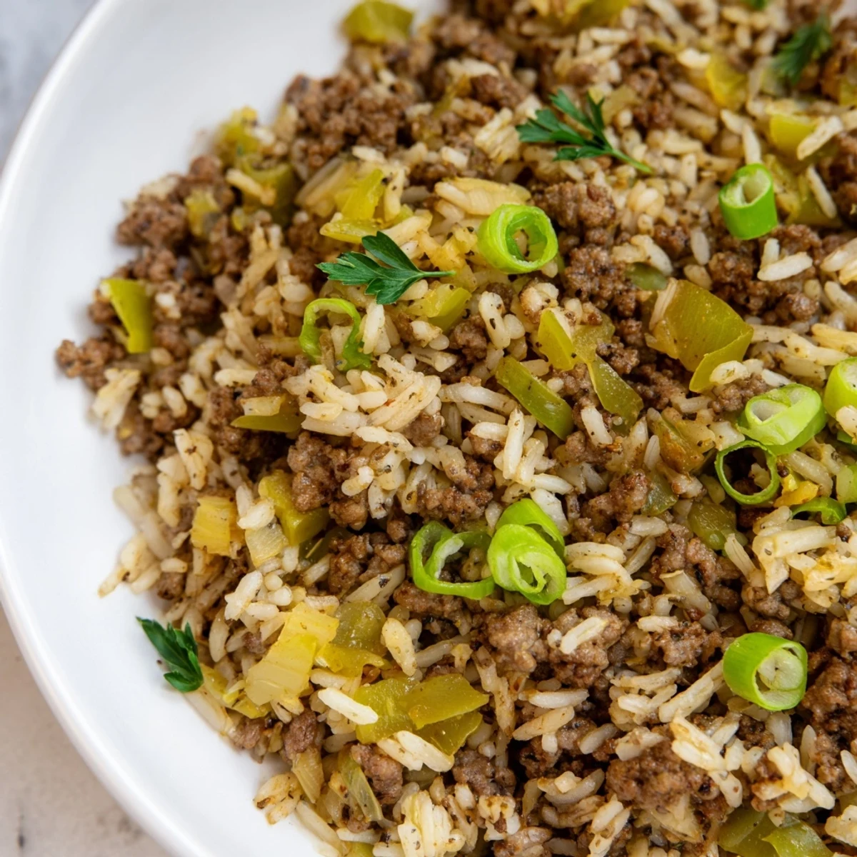 A rustic skillet displays Cajun Dirty Rice with Ground Beef, complete with colorful vegetables and a sprinkle of fresh herbs on top.