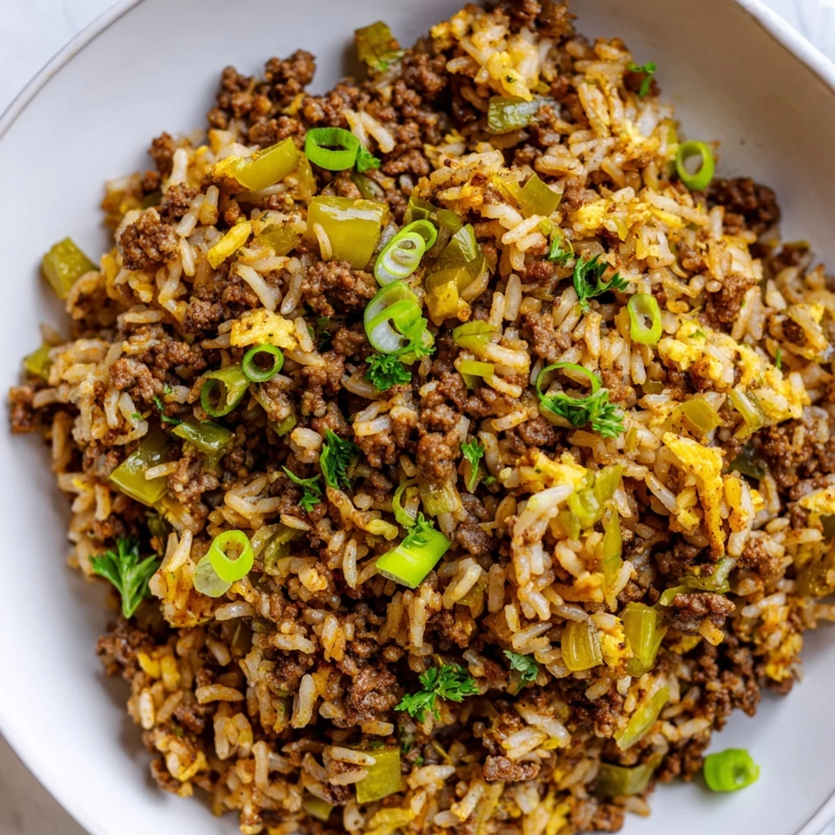 This Cajun Dirty Rice with Ground Beef recipe is served in a white bowl, highlighting the spicy, hearty mixture of meat and vegetables.