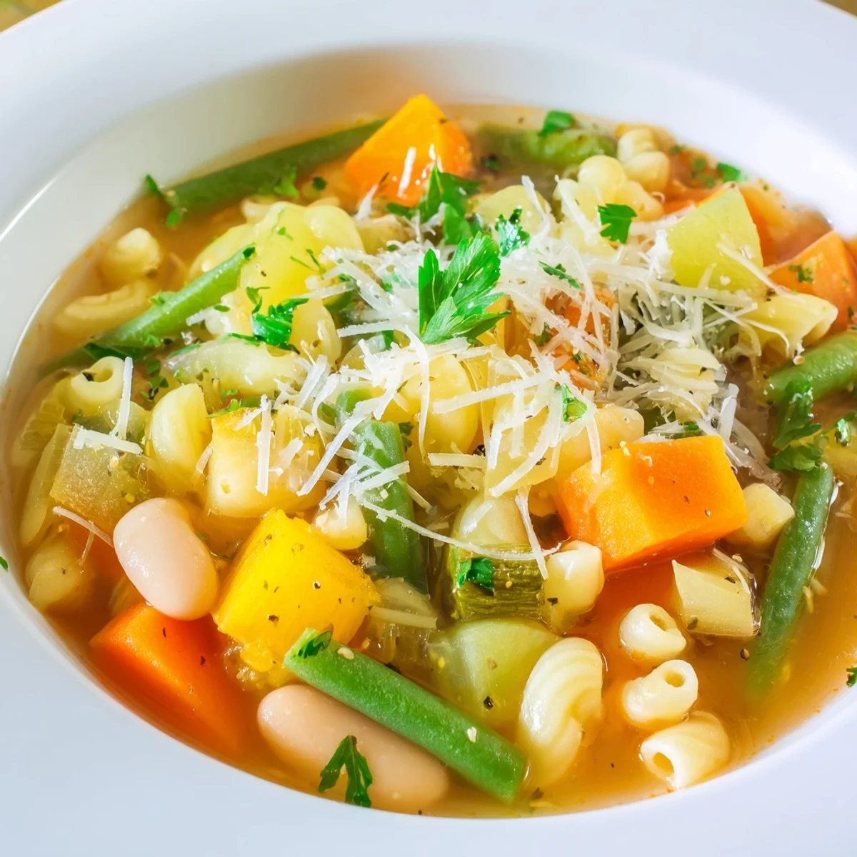 A vibrant bowl of Spring Vegetable Minestrone Soup garnished with fresh parsley and Parmesan.