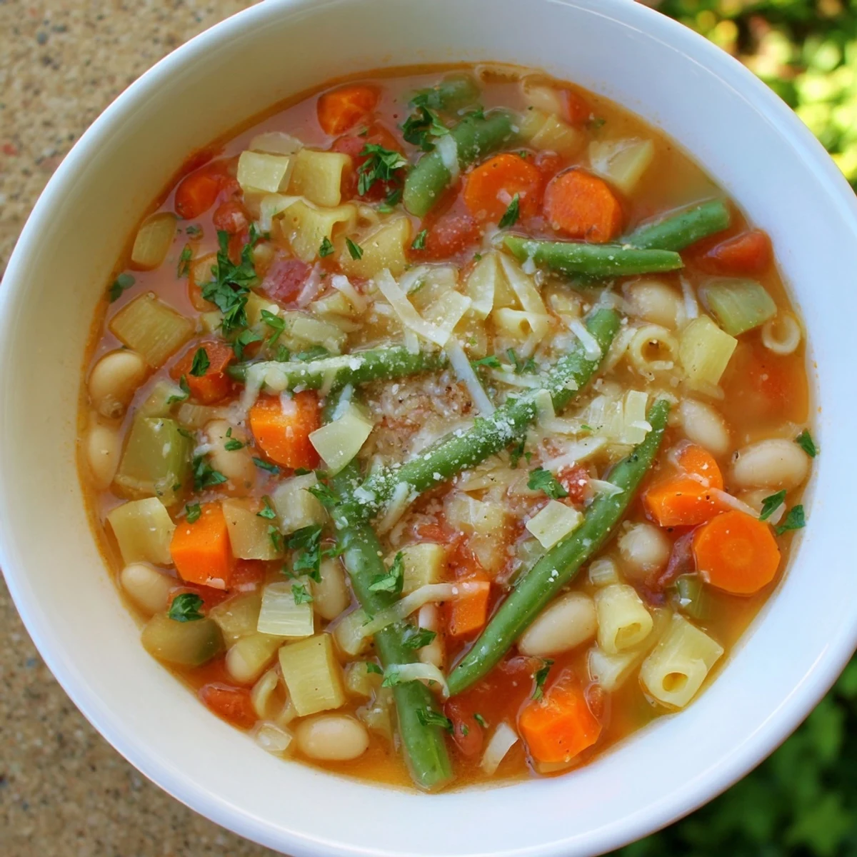 Hearty Spring Vegetable Minestrone Soup simmering in a pot with fresh spring vegetables.