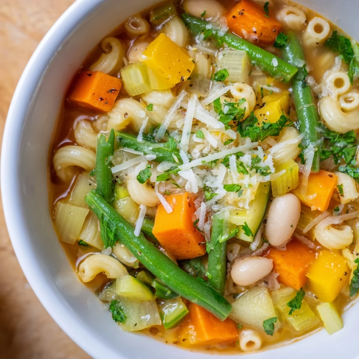Serving of Spring Vegetable Minestrone Soup with crusty bread for dipping.