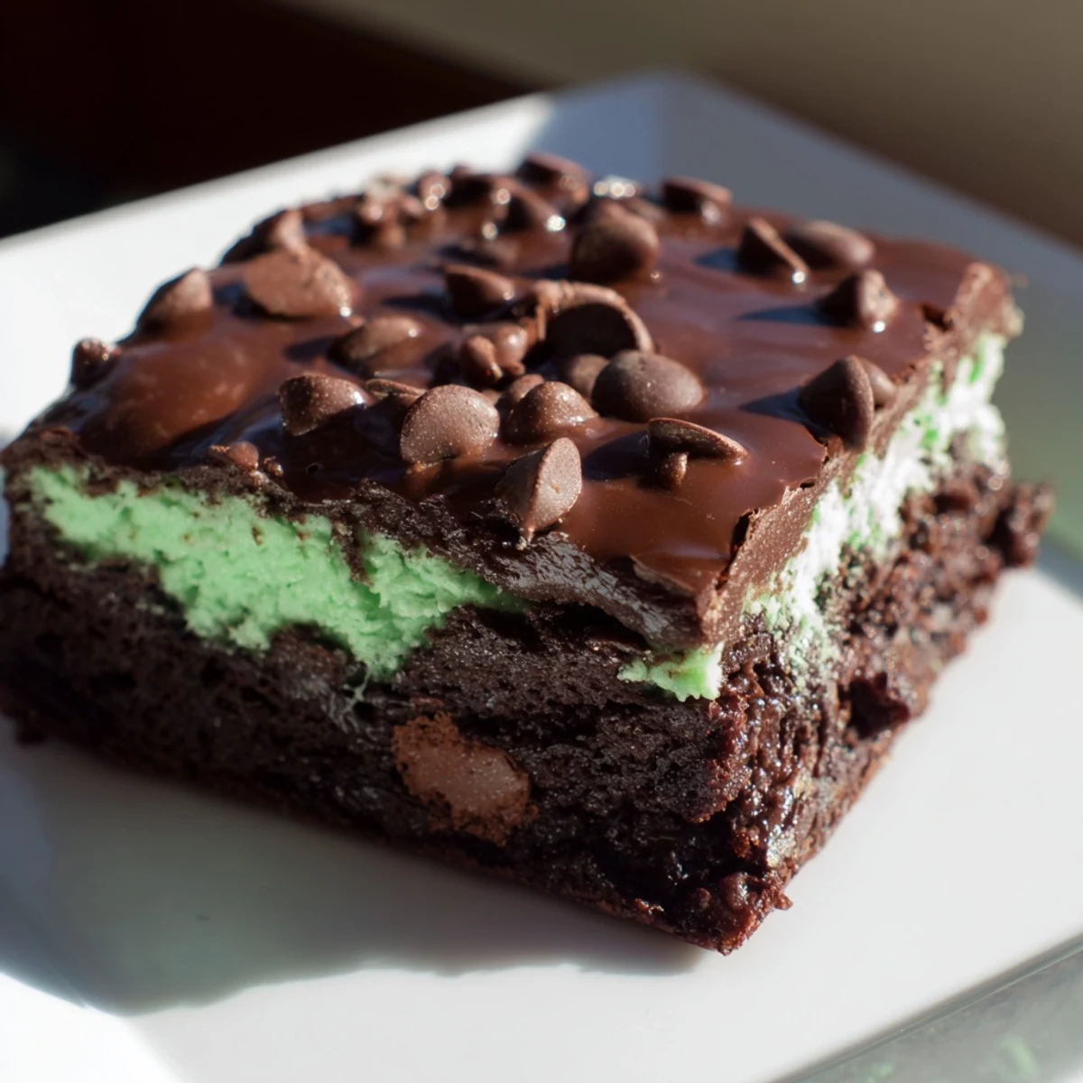 Mint Chocolate Chip Brownies squares stacked on a plate, ready to serve after chilling.