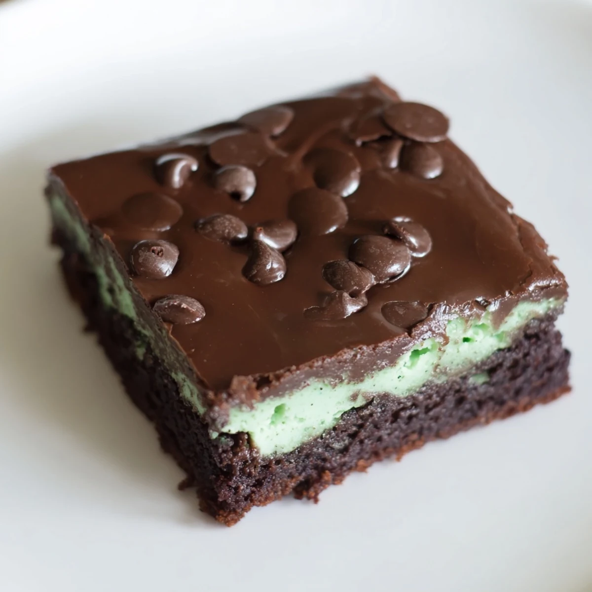 A close-up of Mint Chocolate Chip Brownies showing moist crumb and chocolate chips throughout.