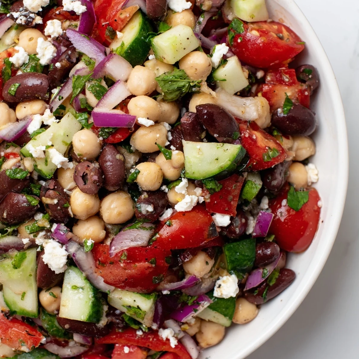 Close-up photo of Mediterranean Dense Bean Salad served as a hearty side dish, featuring chickpeas and kidney beans.