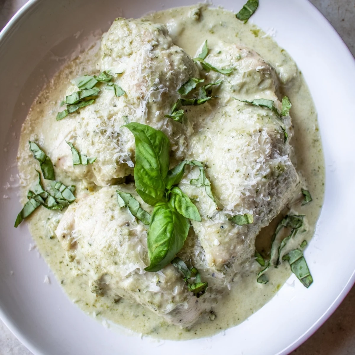 In a ceramic dish, golden Pesto Ranch Crock Pot Chicken Thighs sit beside fluffy mashed potatoes, drizzled with herb flecked ranch sauce.
