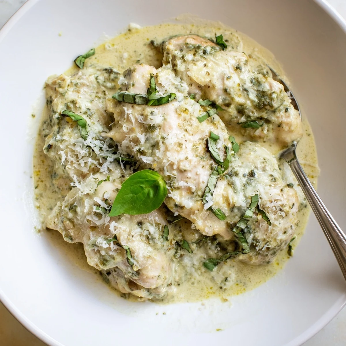 Slow cooker photo showing tender Pesto Ranch Crock Pot Chicken Thighs glazed in creamy green sauce, garnished with fresh basil and Parmesan.