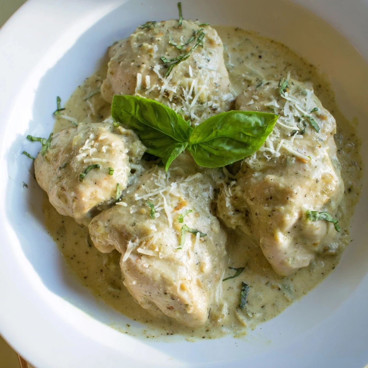 Close up of juicy Pesto Ranch Crock Pot Chicken Thighs with steam rising, paired with roasted vegetables on a rustic dinner plate.