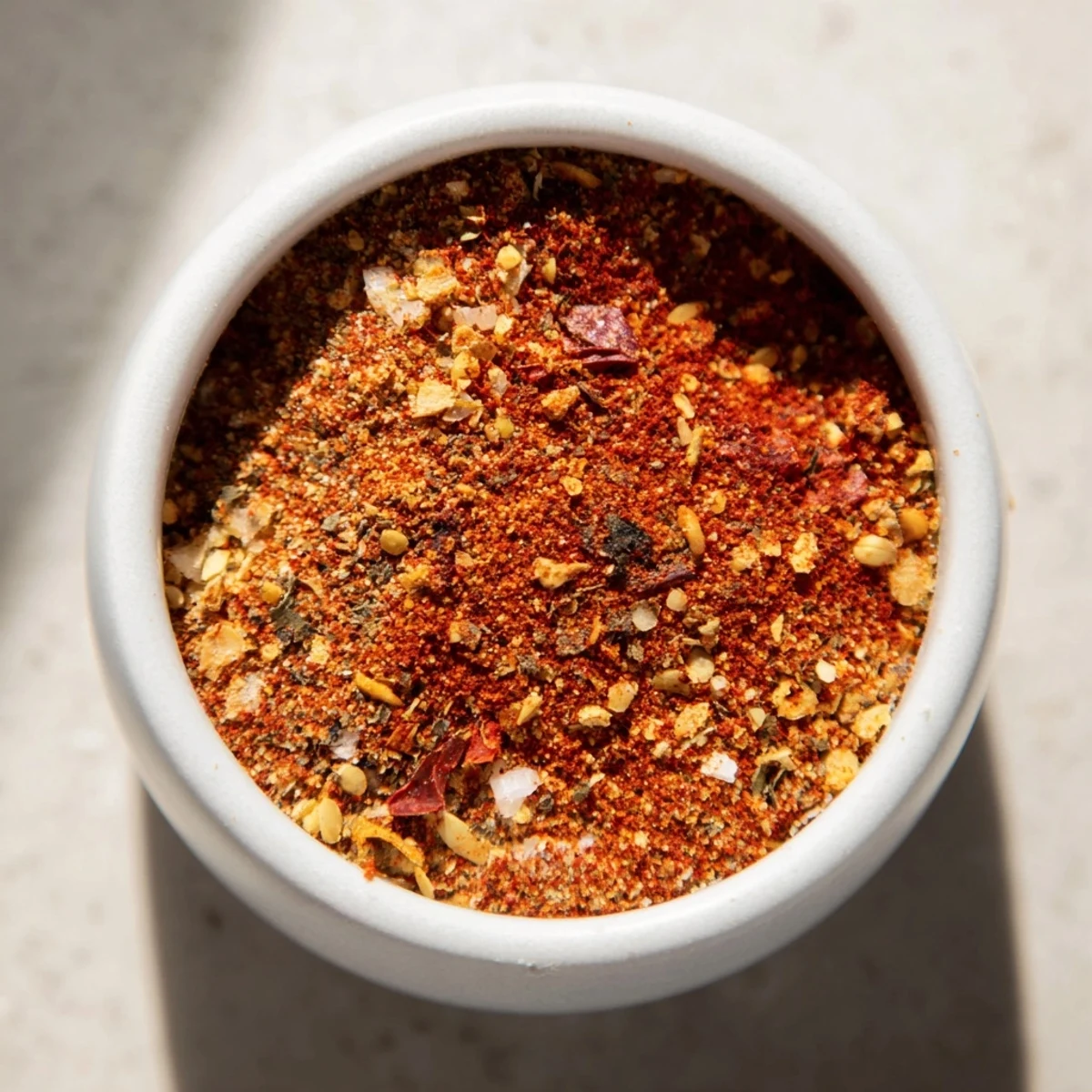 A close-up of the Easy Homemade Taco Seasoning Mix in a glass jar with a small spoon, showcasing the vibrant red chili powder and specks of cumin.