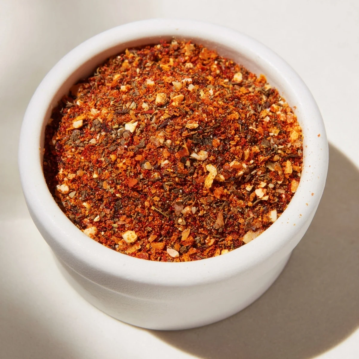 The Easy Homemade Taco Seasoning Mix is spooned into a small glass bowl on a wooden countertop, ready to season dinner.