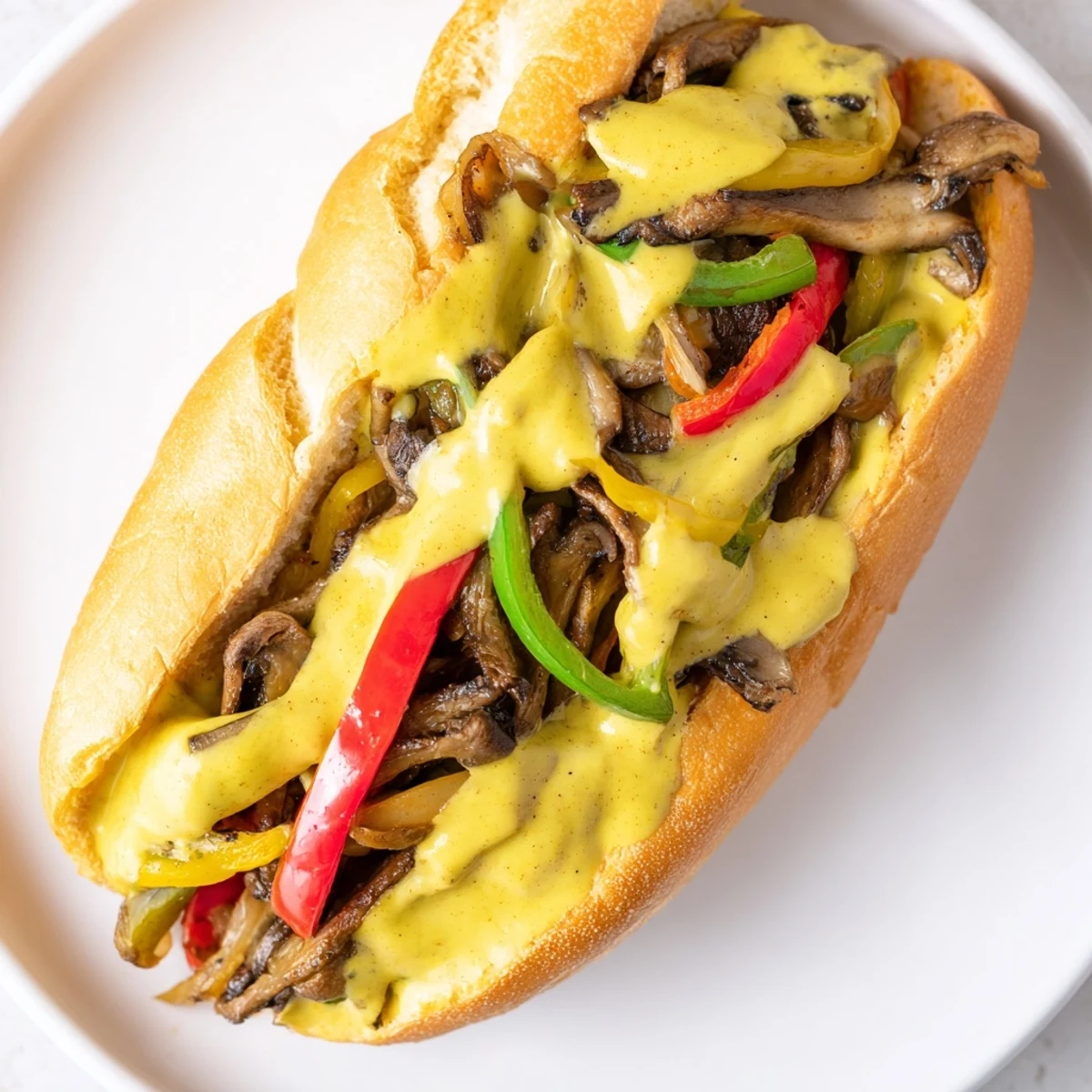 Toasted hoagie rolls stuffed with a savory mix of mushrooms, peppers, and onions, topped with creamy vegan cheese sauce, known as Vegan Philly Cheesesteaks.