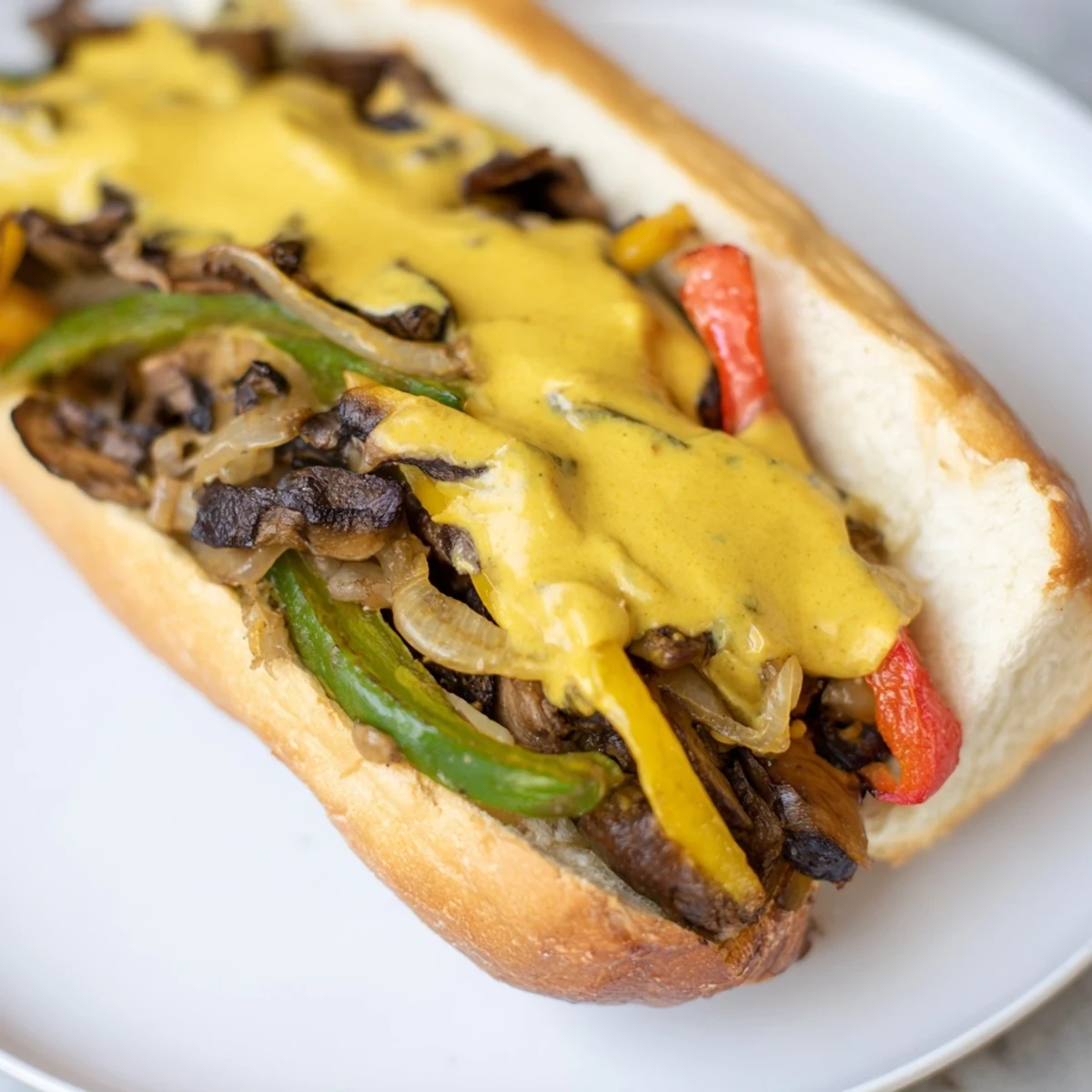 A close-up of golden brown portobello mushrooms and sautéed peppers filling a soft hoagie roll, drizzled with orange vegan cheese sauce for a Vegan Philly Cheesesteak.
