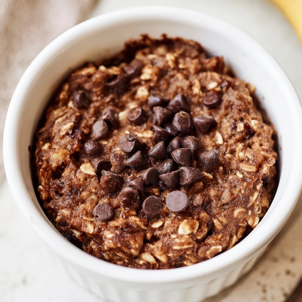 A cozy Easy Chocolate Baked Oats serving fresh from the oven, garnished with chopped nuts and a light cocoa dusting.