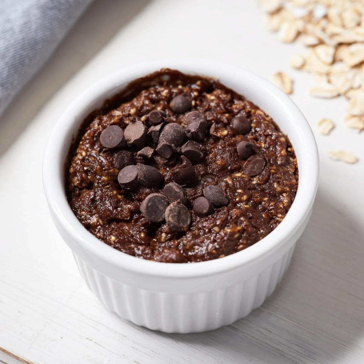 Steaming Easy Chocolate Baked Oats in a ramekin, topped with melted chocolate chips and a dollop of yogurt.