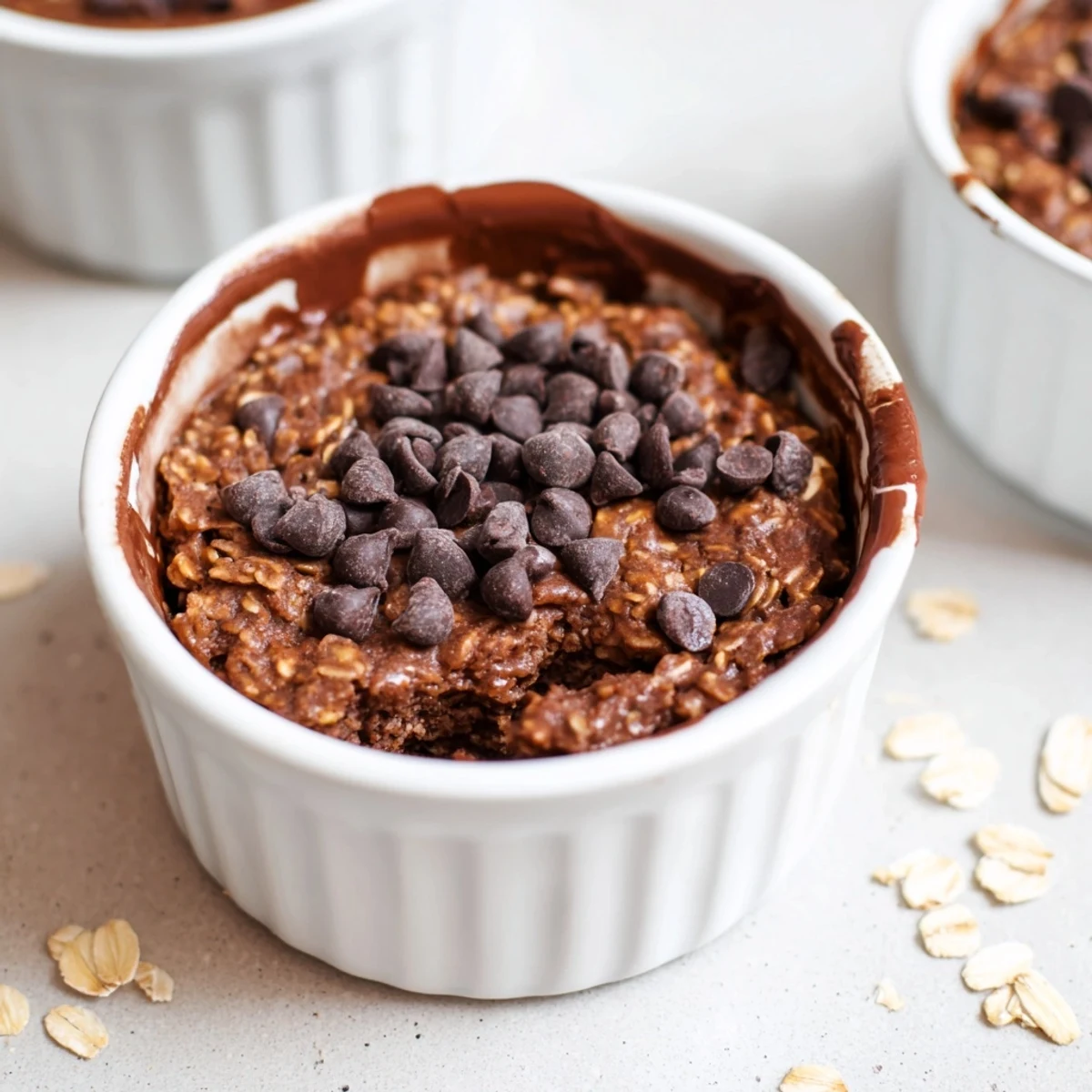 Ready-to-eat Easy Chocolate Baked Oats with a fudgy texture, served on a marble surface with a side of fruit.