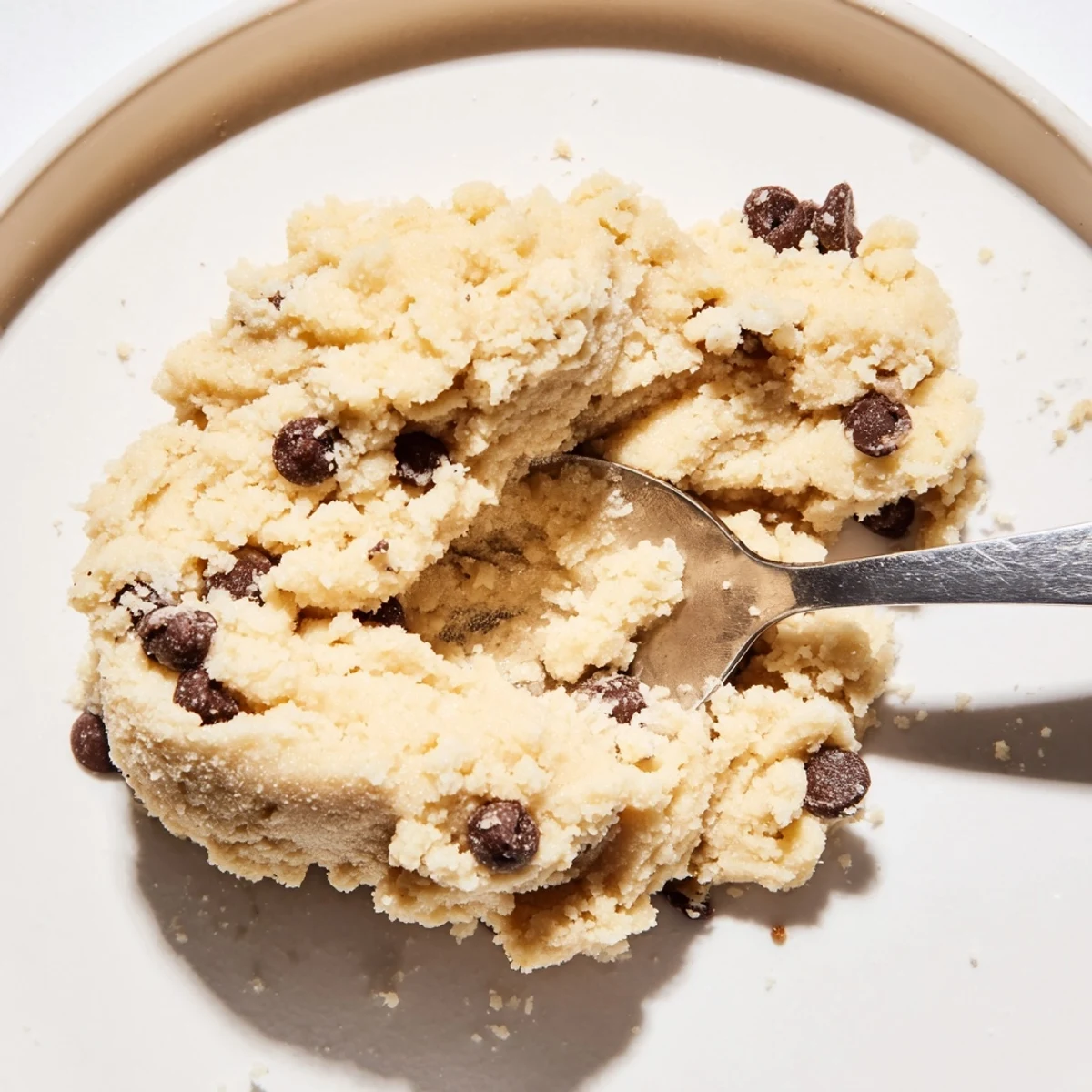A spoon scoops this Edible Keto Cookie Dough, showcasing its soft, low-carb, and gluten-free treat.