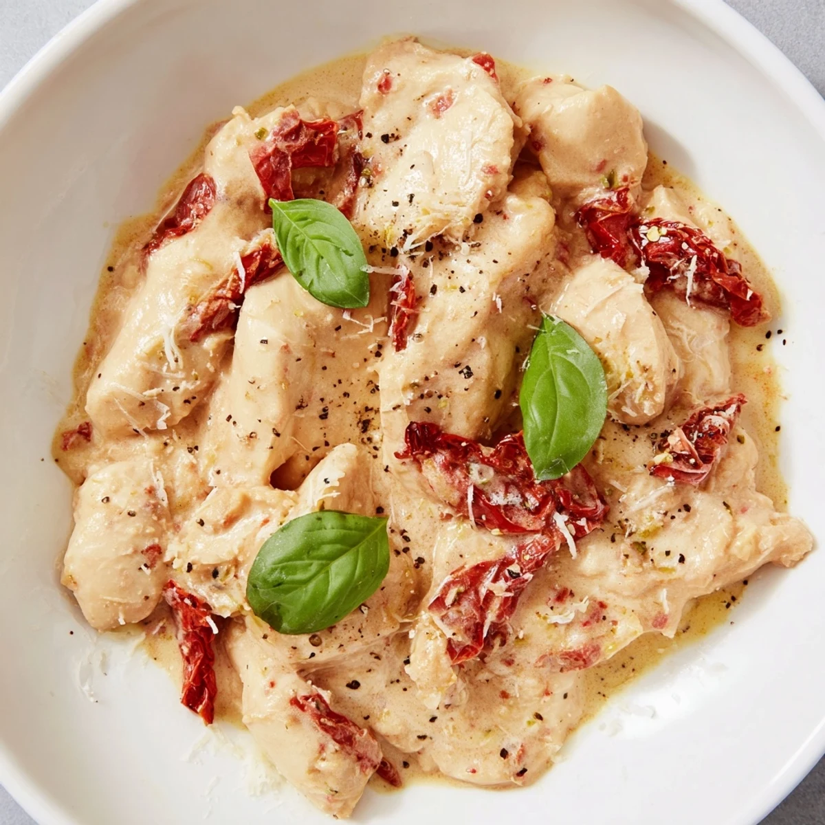 Four boneless chicken breasts rest in a creamy, sun-dried tomato sauce inside a slow cooker.
