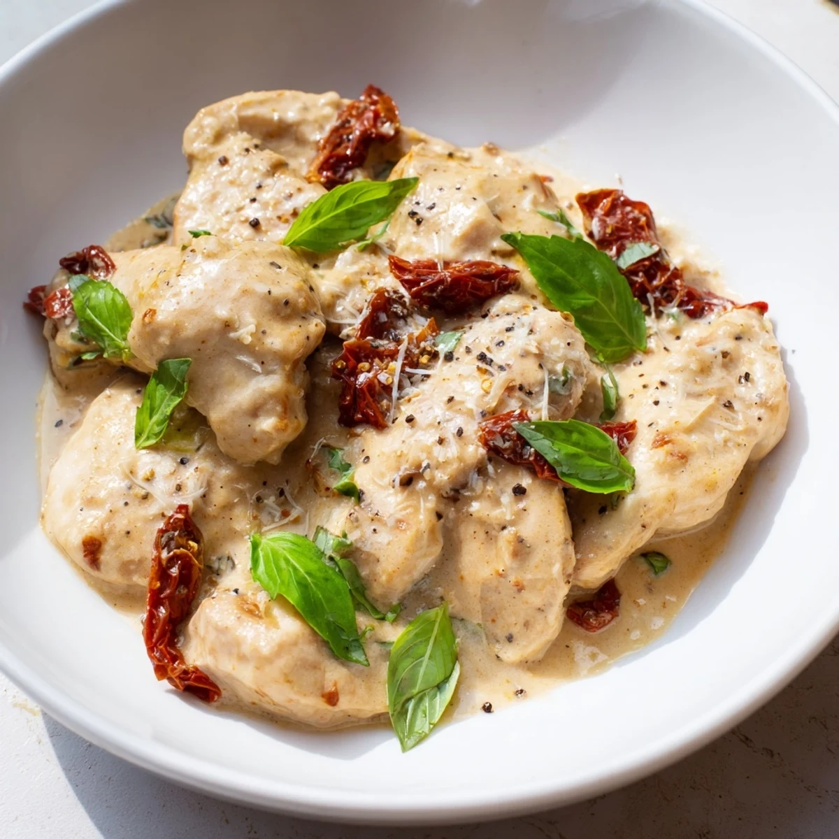 A serving of Marry Me Slow Cooker Chicken Breast on mashed potatoes with fresh basil garnish.