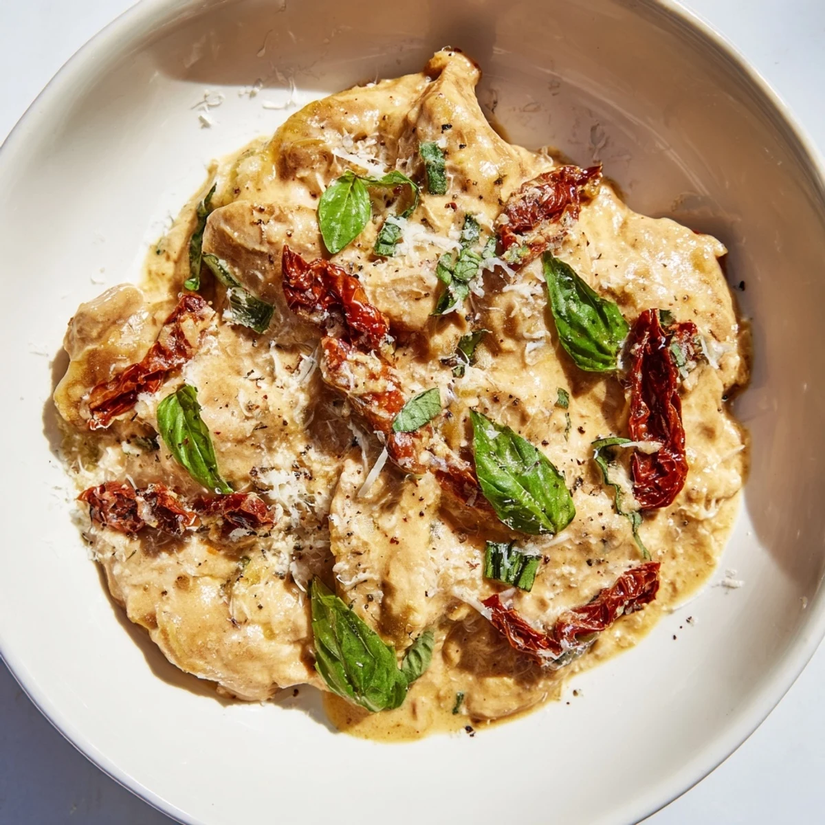 Close-up of tender Marry Me Slow Cooker Chicken Breast coated in a rich Parmesan and tomato sauce.