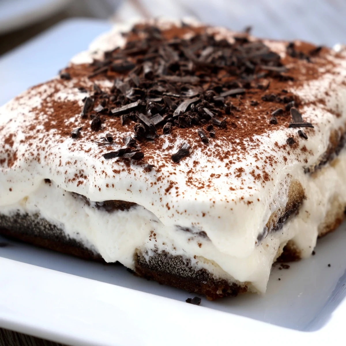 Close-up view of Easy Tiramisu with dark chocolate shavings on top, ready to serve for an authentic Italian dessert experience.  