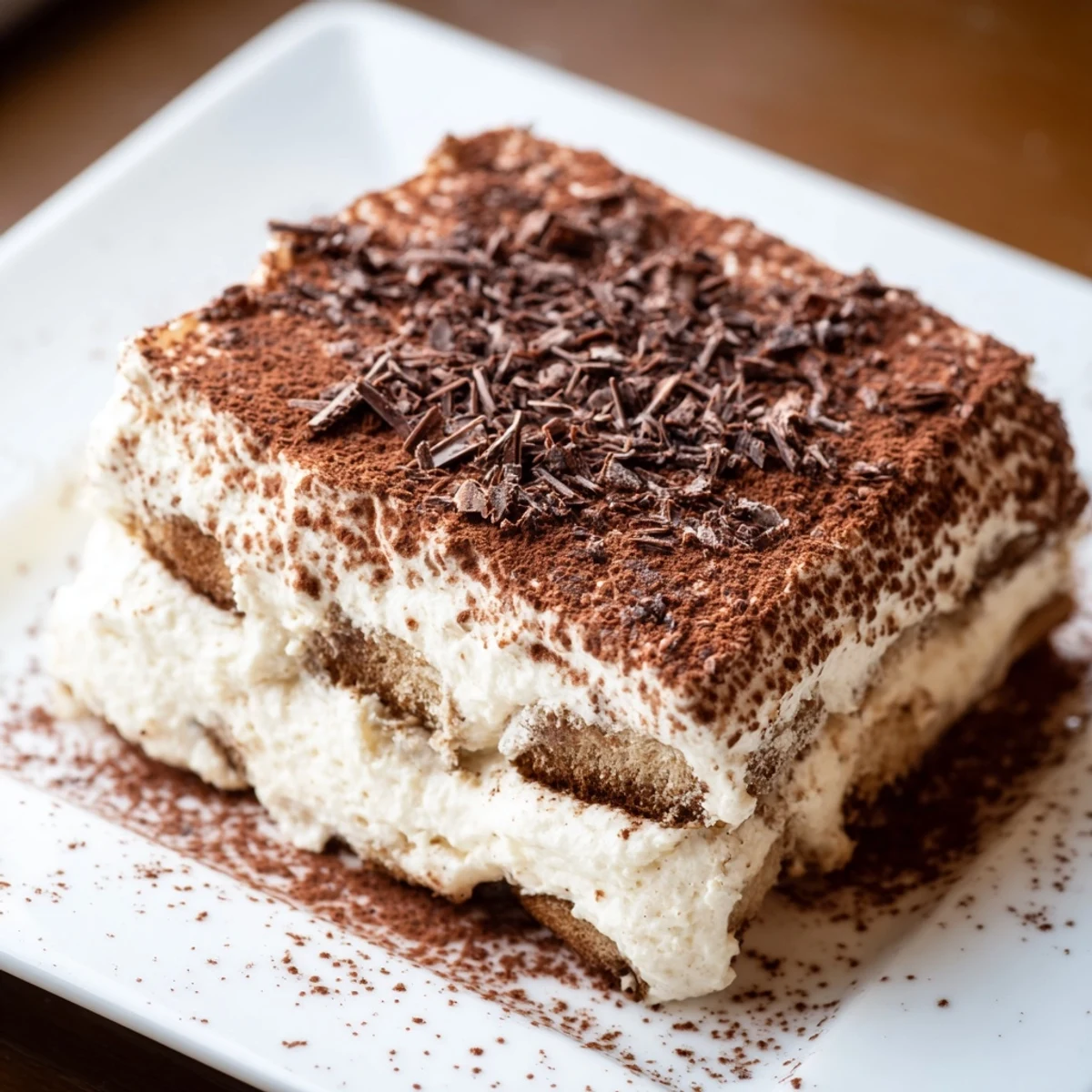 A plated slice of Easy Tiramisu showcasing coffee-soaked ladyfingers layered with creamy mascarpone and dusted with cocoa powder.  