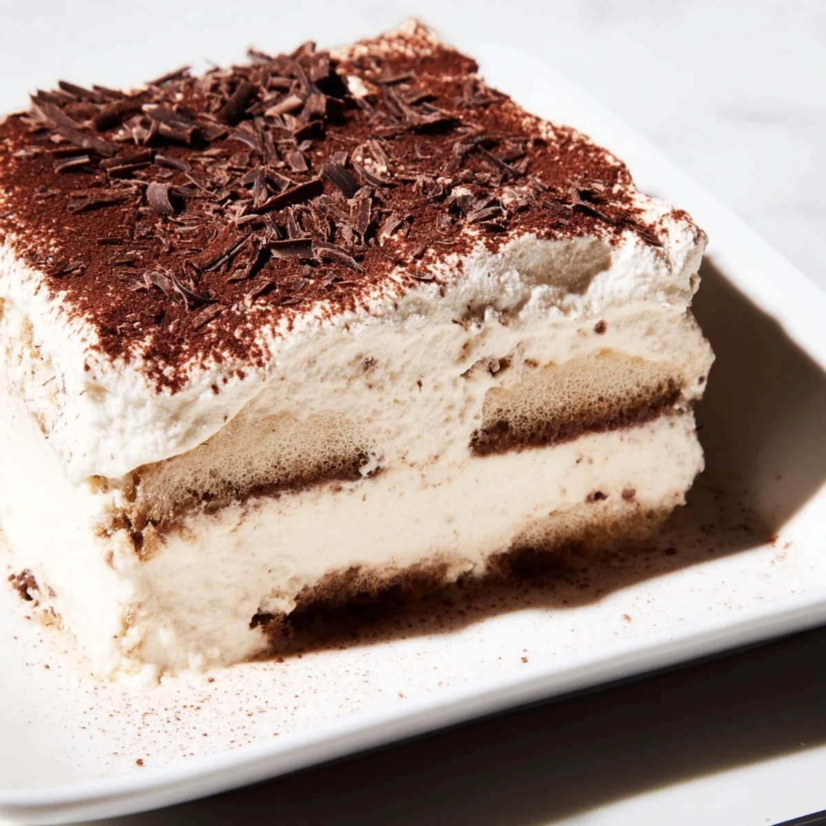 Overhead shot of homemade Easy Tiramisu in a square dish, featuring layers of espresso-soaked biscuits and rich, fluffy mascarpone cream.