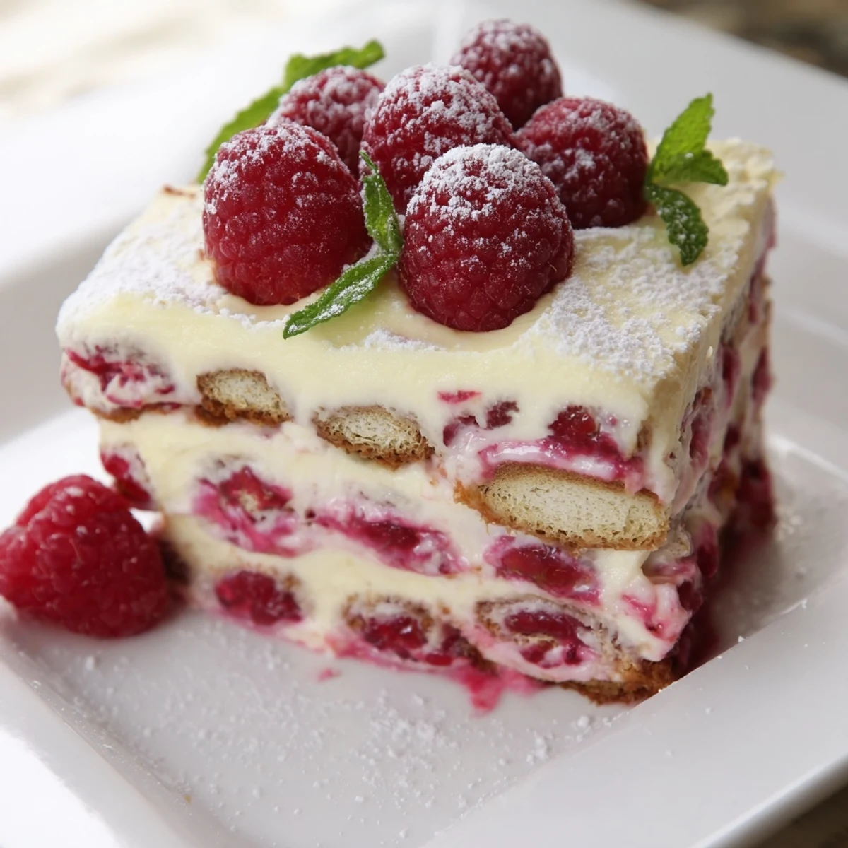 Creamy layered Fresh Raspberry Tiramisu with mascarpone and coffee-soaked ladyfingers on a white plate.