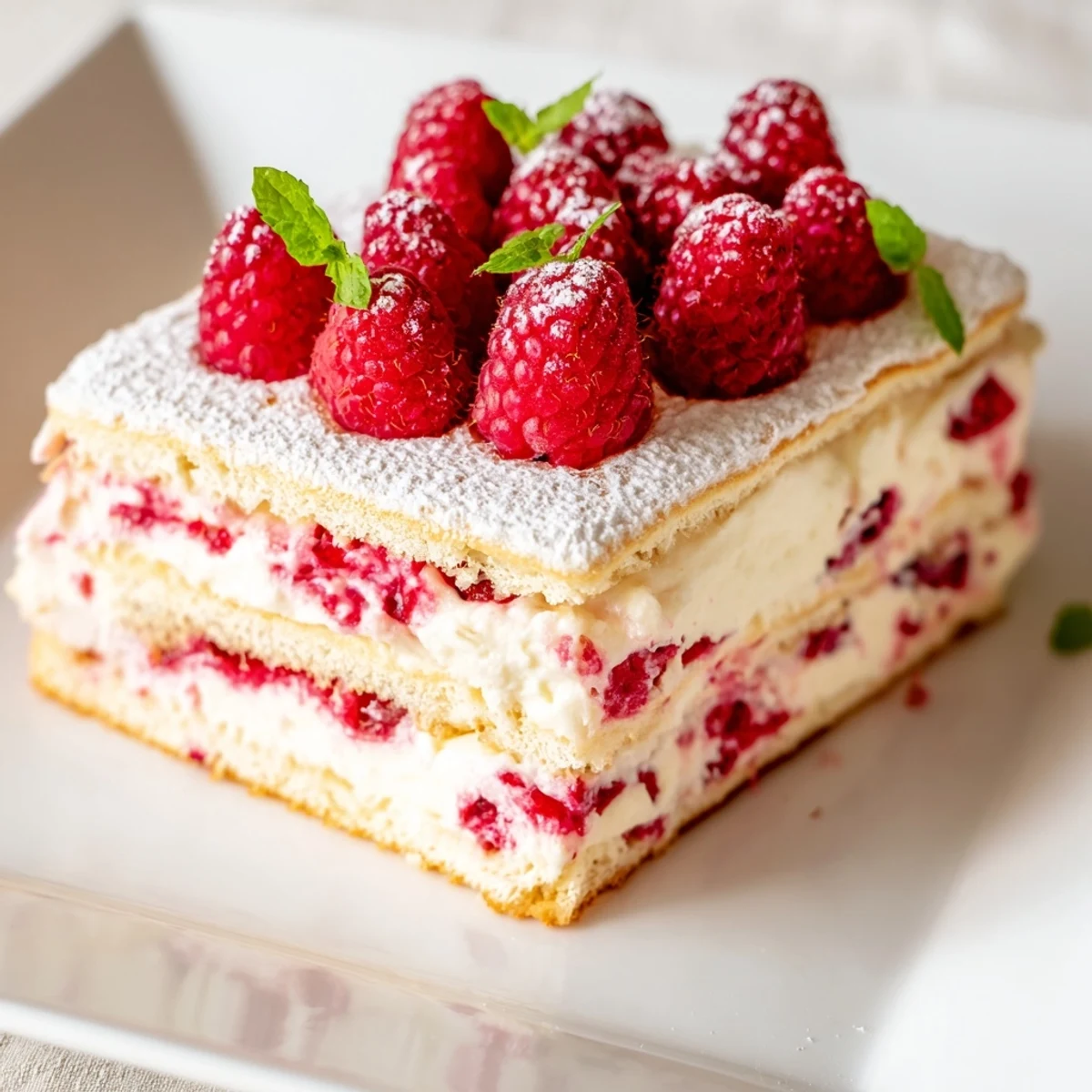 A delicious slice of Fresh Raspberry Tiramisu served with coffee on a rustic wooden table.