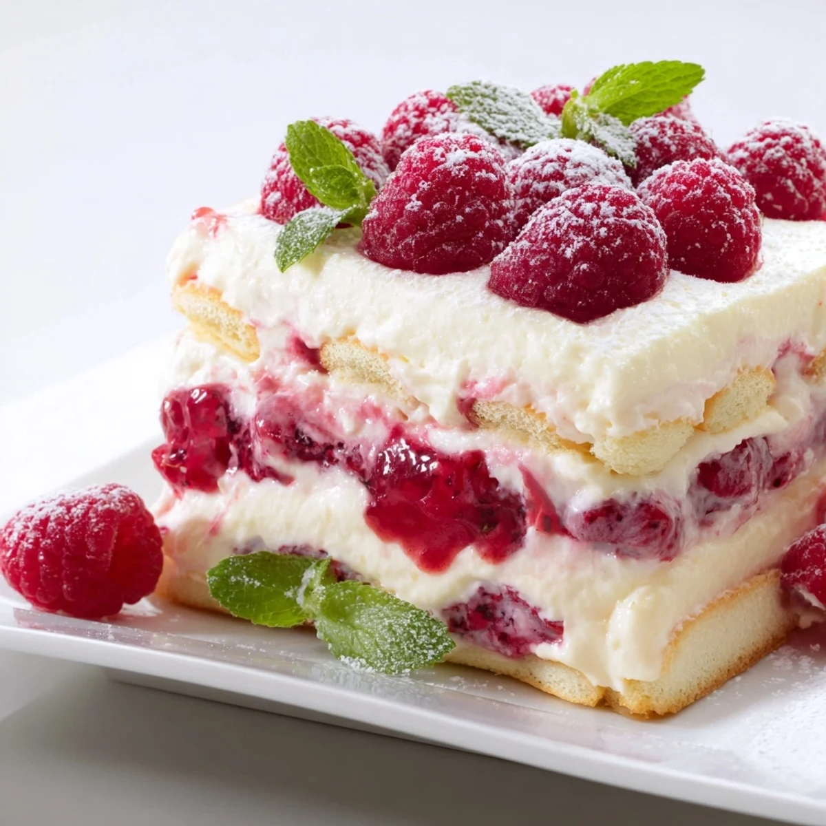 Bright Fresh Raspberry Tiramisu garnished with fresh berries and mint in a glass dish.
