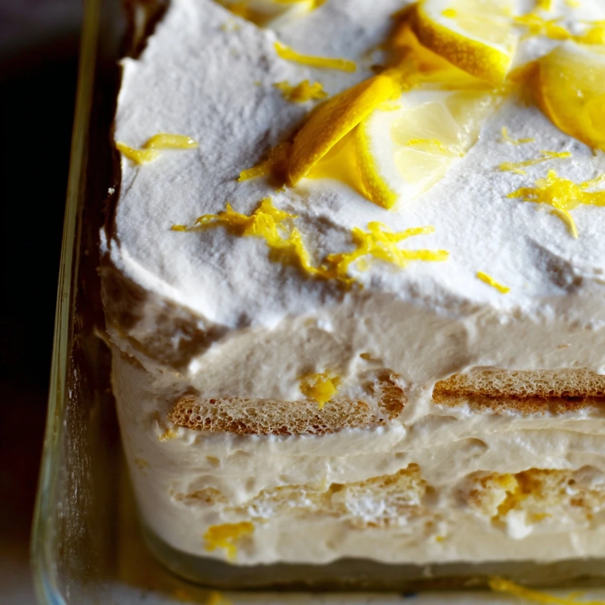 A bright serving of Easy Lemon Tiramisu No Bake Dessert with creamy layers and fresh lemon zest garnish.