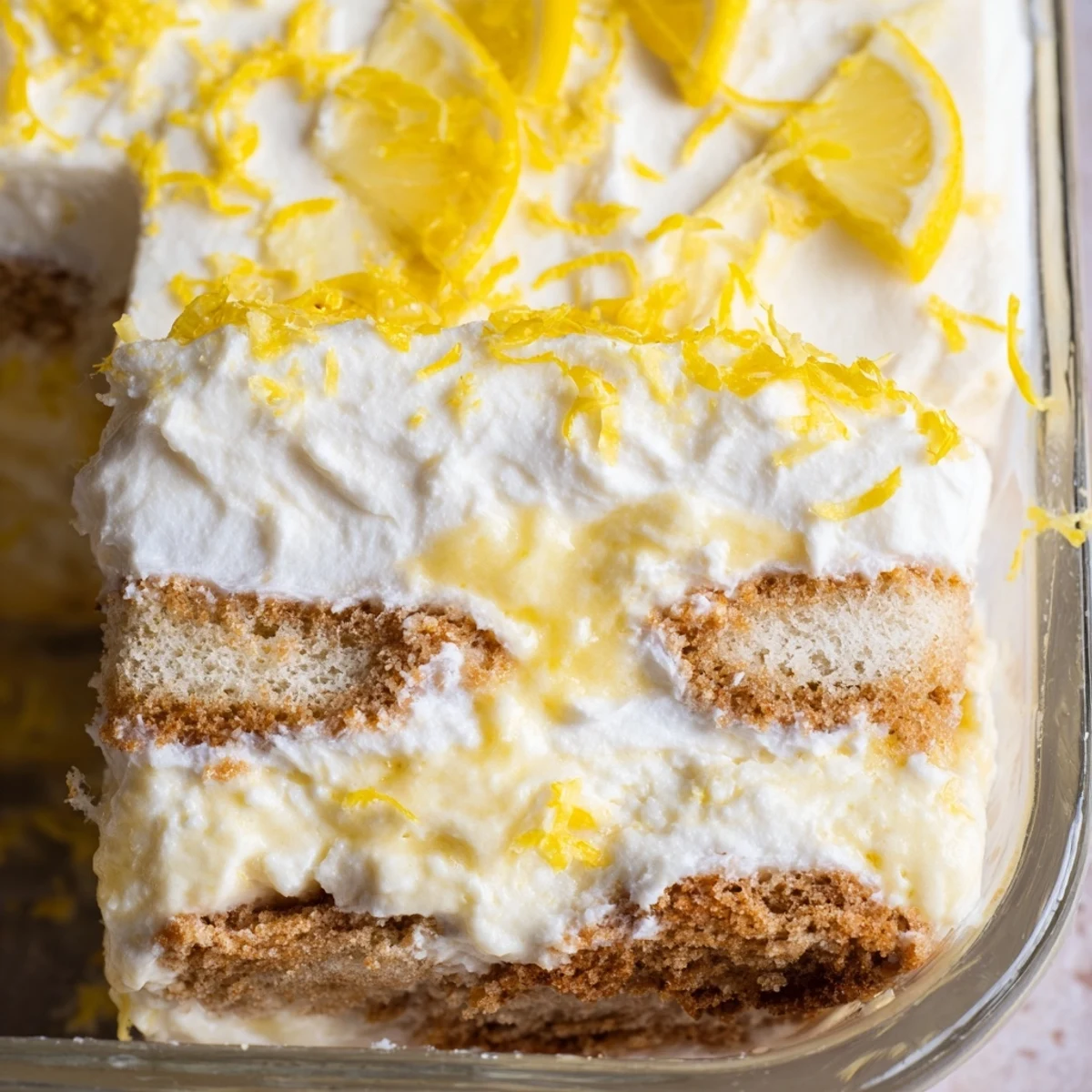 A slice of Easy Lemon Tiramisu No Bake Dessert reveals fluffy texture on a dessert plate for spring gatherings.