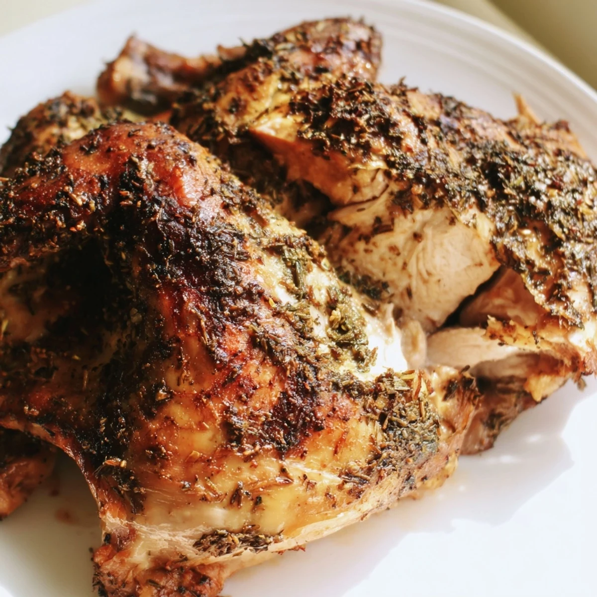 Roasted zaatar chicken being carved after resting, steam rising from tender meat served with pan juices and carrots.