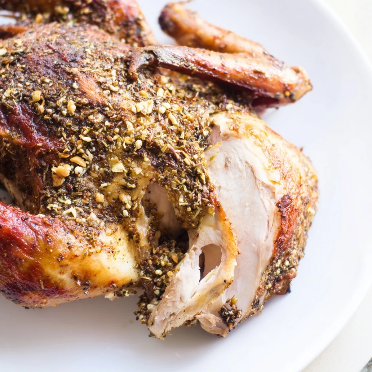 Whole roasted zaatar chicken with crispy golden skin and juicy meat on a platter with roasted vegetables and lemon slices.