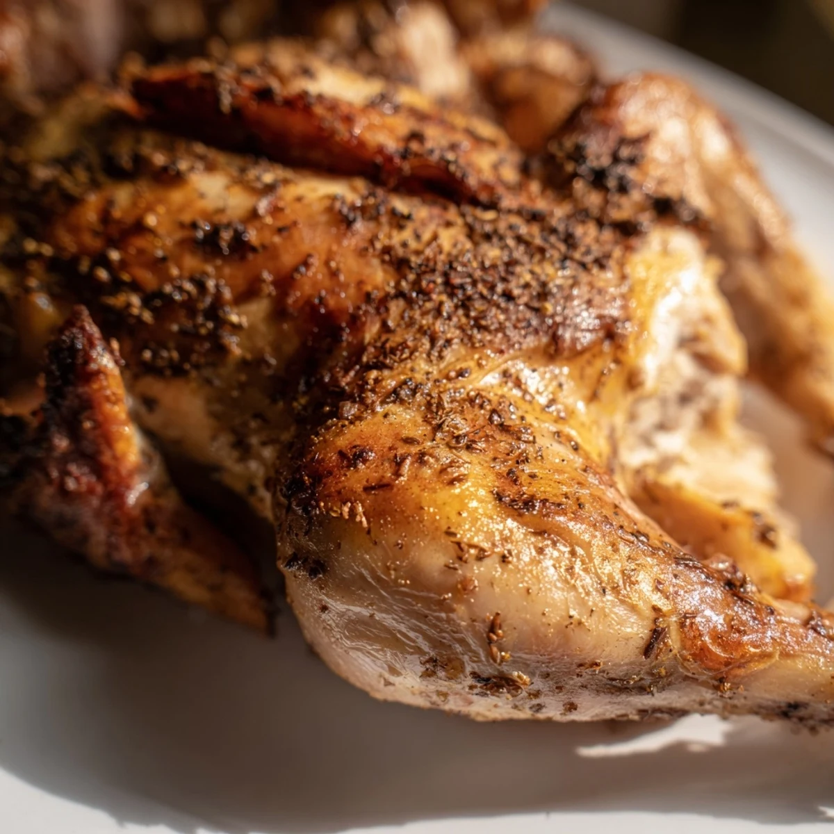 Succulent roasted zaatar chicken garnished with fresh herbs and lemon wedges, ready to serve for a Middle Eastern dinner.