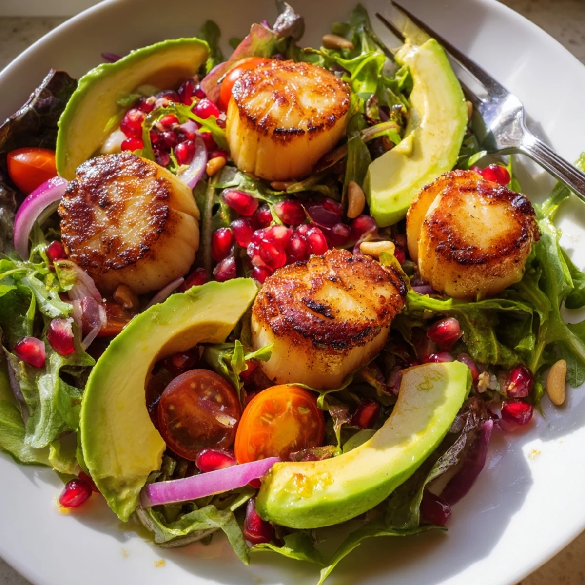 Golden seared scallops with a caramelized crust rest atop a bed of mixed greens, avocado, and cherry tomatoes in this romantic dinner salad. 