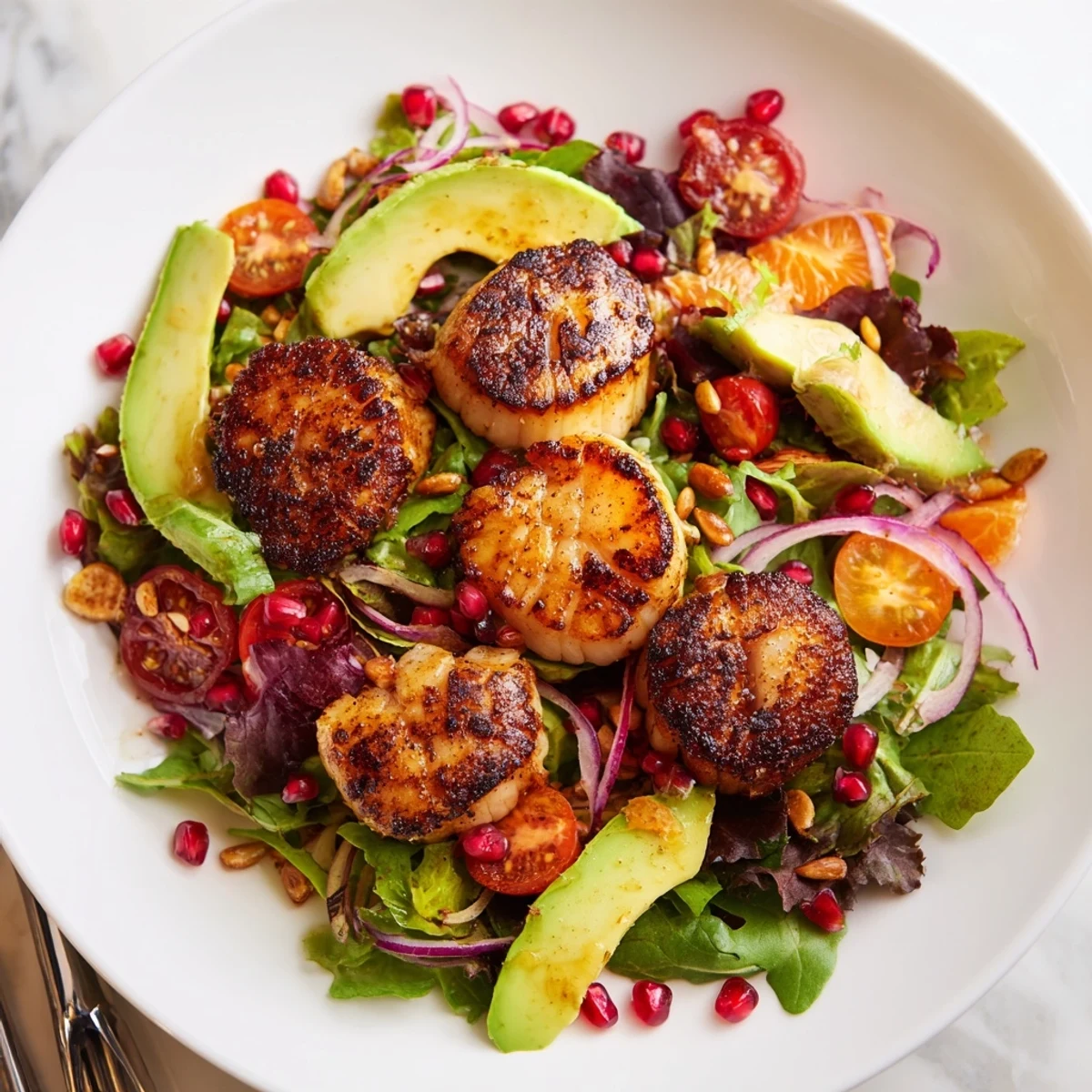 Pan Seared Scallops Romantic Dinner Salad features tender scallops, vibrant pomegranate arils, and toasted pine nuts drizzled with tangy citrus vinaigrette. 