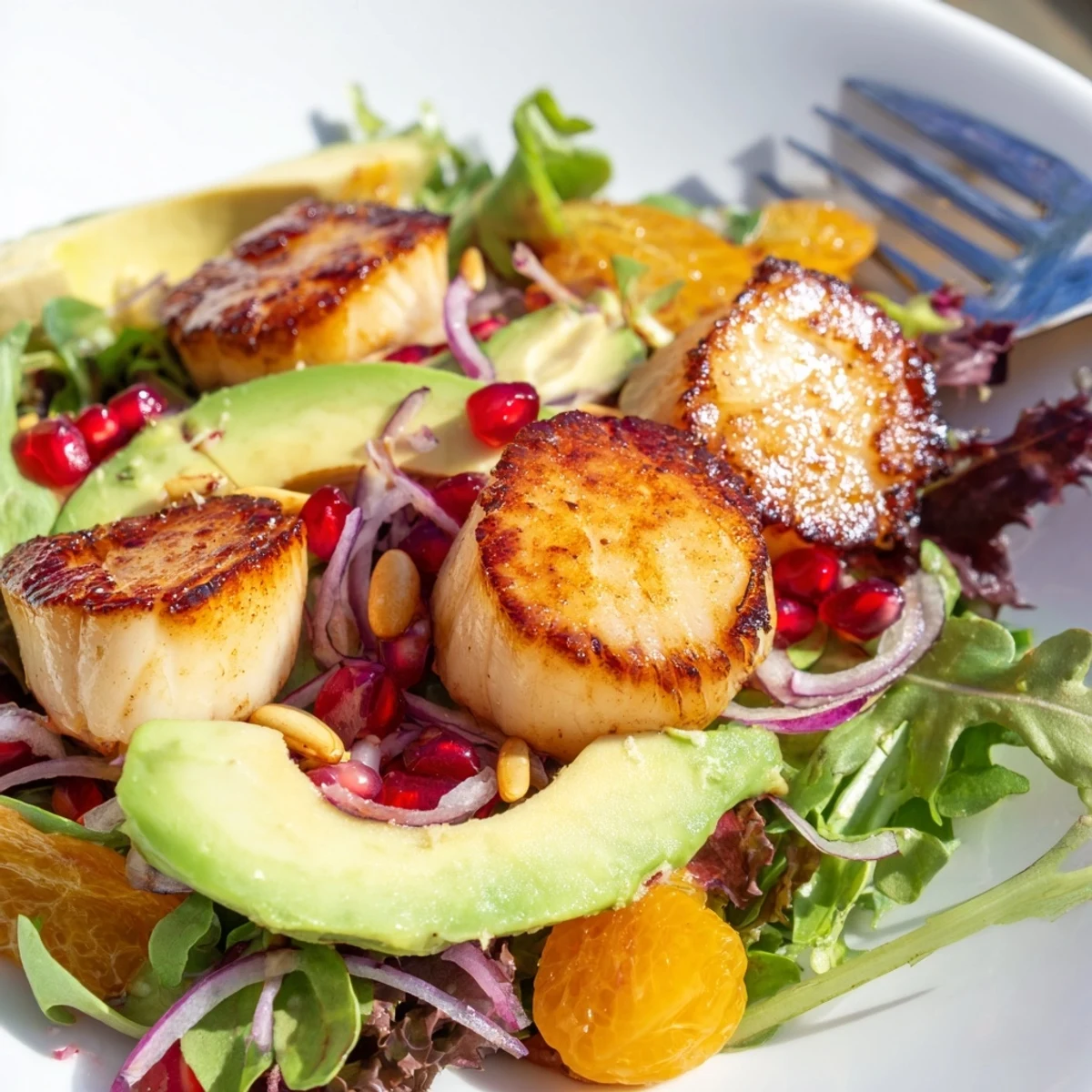 A close-up of Pan Seared Scallops Romantic Dinner Salad shows juicy scallops, creamy avocado slices, and fresh greens with a light dressing.