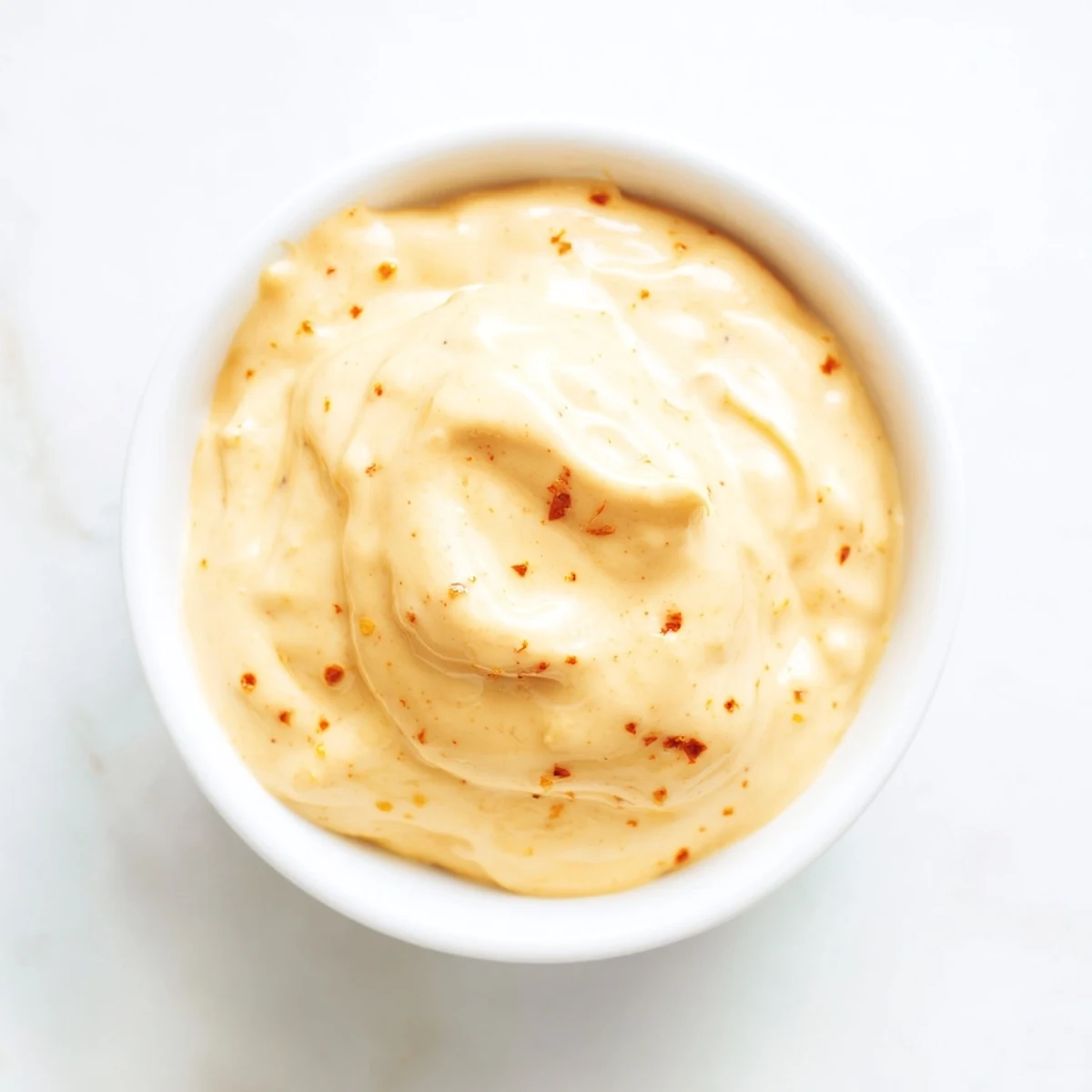 Creamy Spicy Aioli in a white bowl with a spoon, garnished with paprika and a lemon wedge, ready for dipping fries.