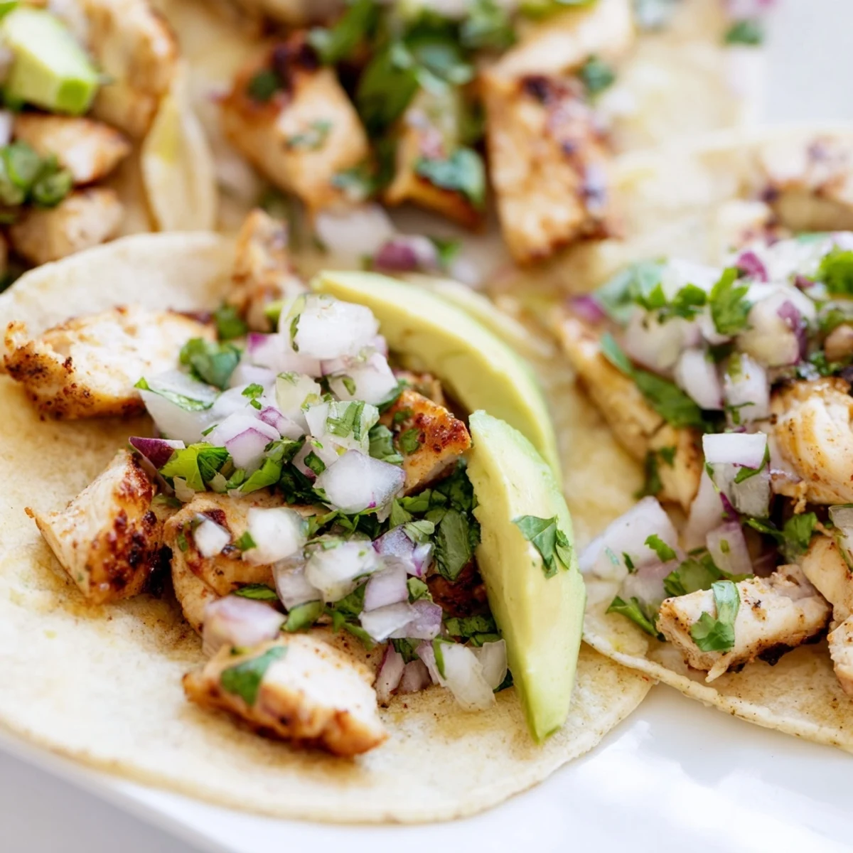 Juicy, marinated chicken cooked on a grill pan sits on warm corn tortillas with fresh cilantro and onion for Chicken Street Tacos.