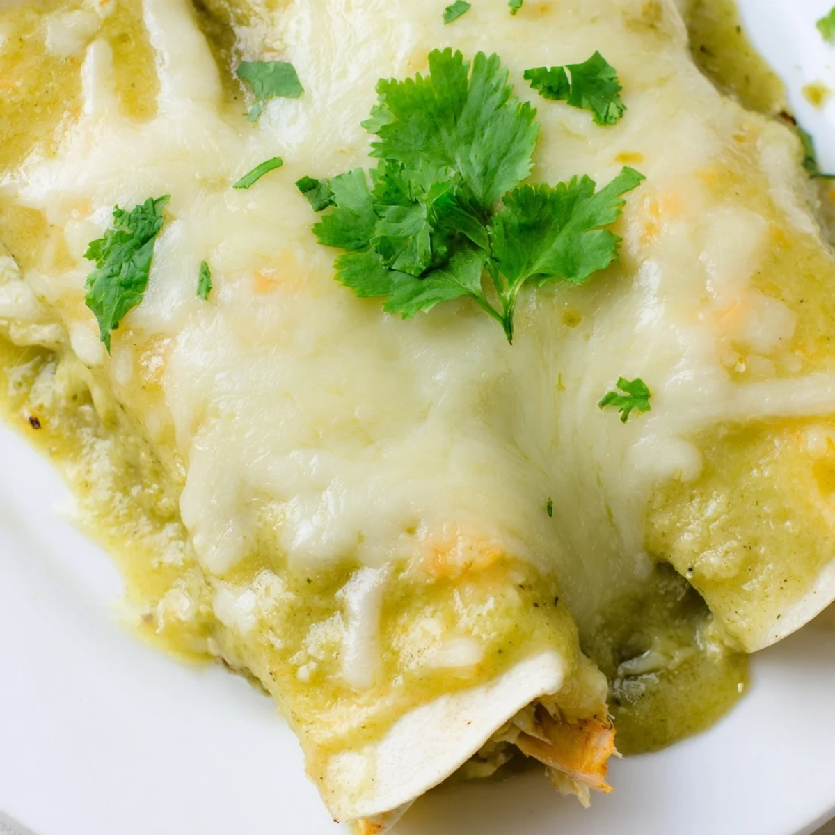 Freshly baked Green Enchiladas With Chicken emerging from the oven, topped with melted cheese and cilantro.